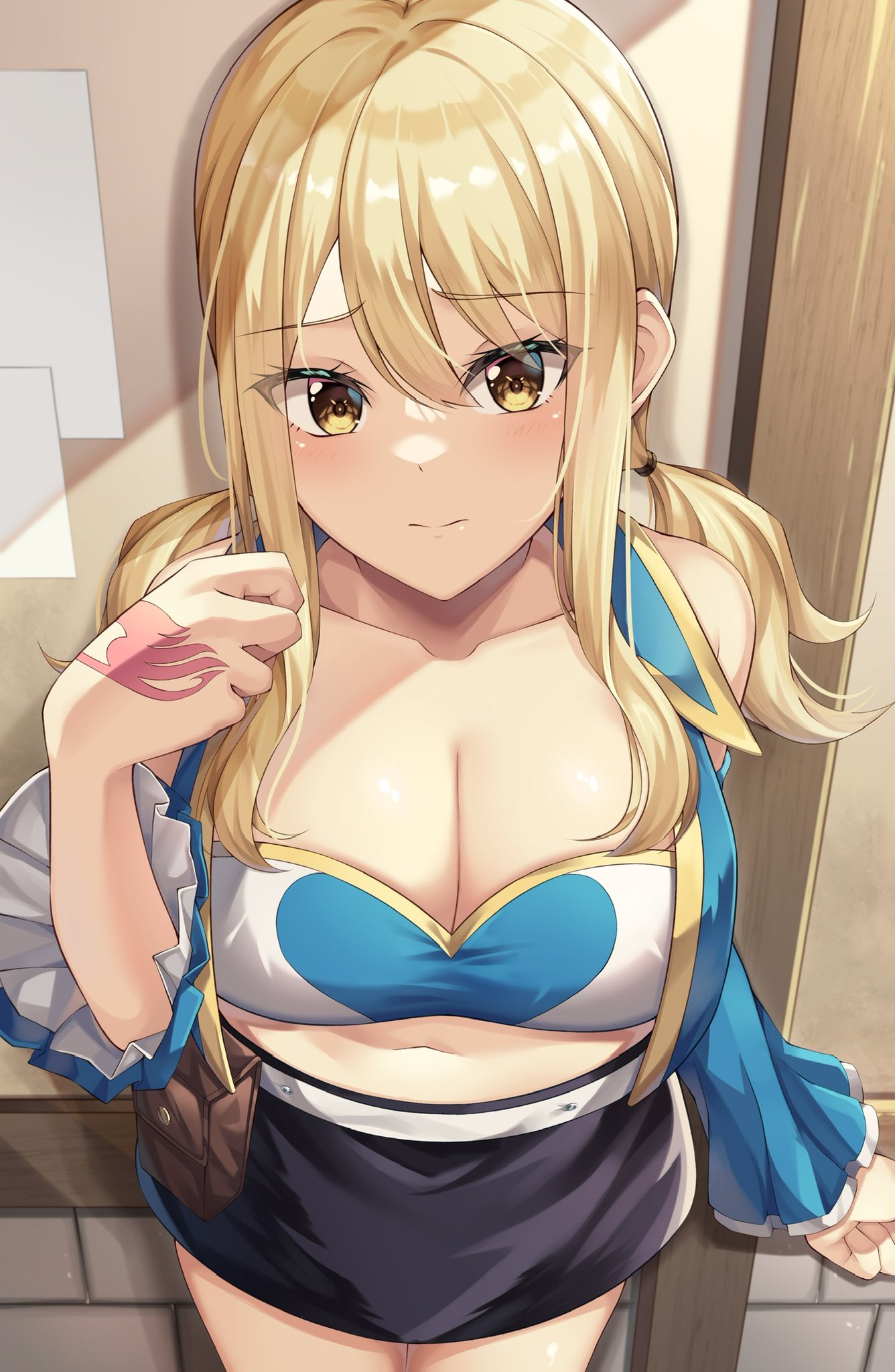 1girls, amagi korona, bare shoulders, blonde hair, blonde-haired female, blush, breasts, cleavage, fairy tail, fairy tail mark, female, hand tattoo, highres, huge breasts, looking at viewer, lucy heartfilia, midriff, miniskirt, navel, pink tattoo, sleeveless, solo, standing, tattoo, tattoo on hand, tattooed hand, thighs, yellow eyes