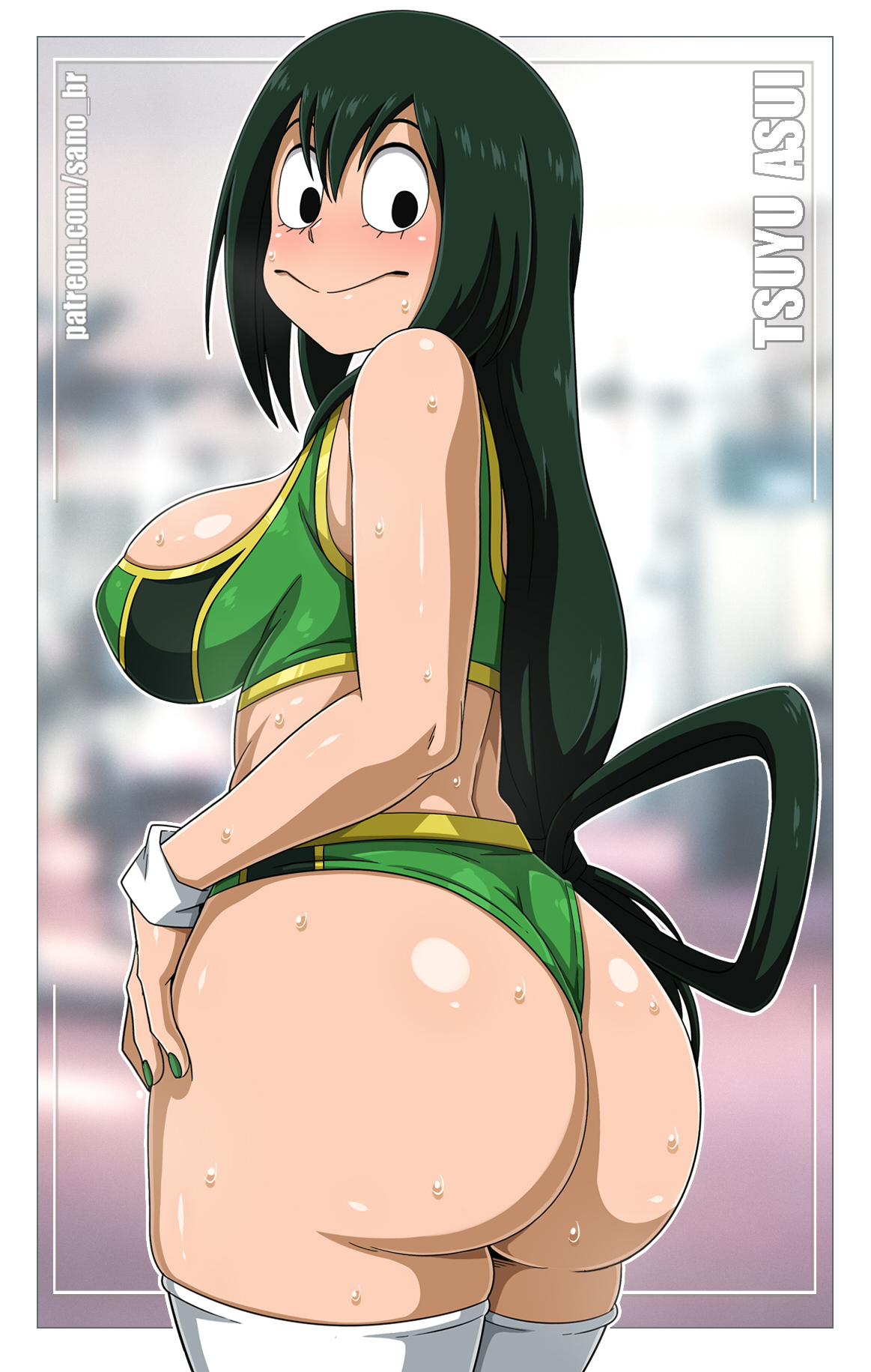 1girls, 2022, ass, ass focus, ass shot, back, back view, backboob, big ass, breasts, bubble ass, bubble butt, female, female only, green hair, green-haired female, hips, huge ass, huge breasts, long hair, looking back, my hero academia, sano-br, slim waist, sports bra, sportswear, sweat, sweaty body, thick thighs, thighhighs, thighs, tsuyu asui, wedgie, wide hips