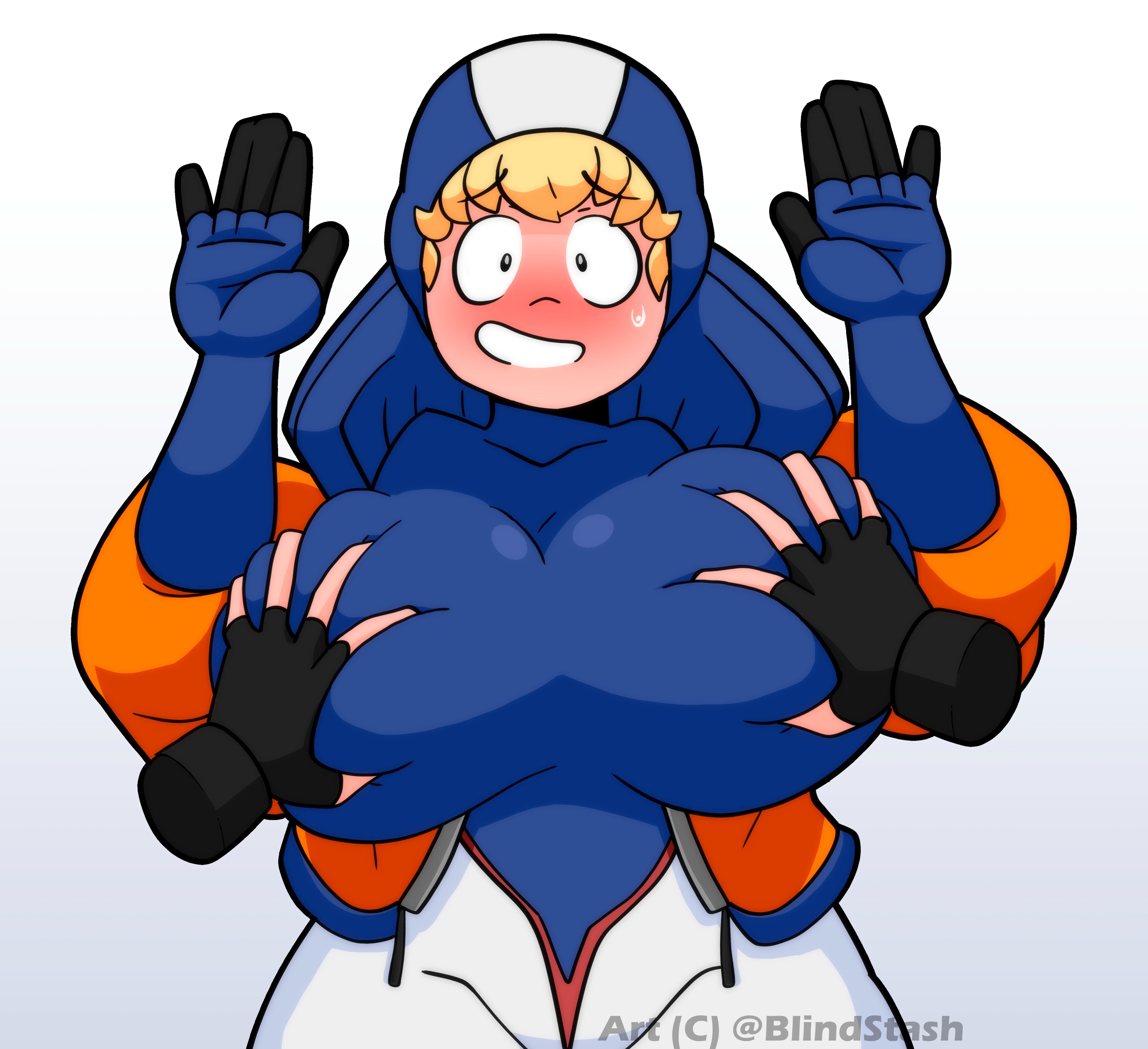 1girls, apex legends, arms up, big breasts, blindstash, blonde hair, blush, breast grab, breast squeeze, breasts, busty, clothed, clothes, clothing, embarrassed, female, fondling breast, fully clothed, hands up, hips, hourglass figure, huge breasts, human, human only, large breasts, nervous, nervous smile, thick, thick thighs, thighs, voluptuous, wattson (apex legends), wide hips