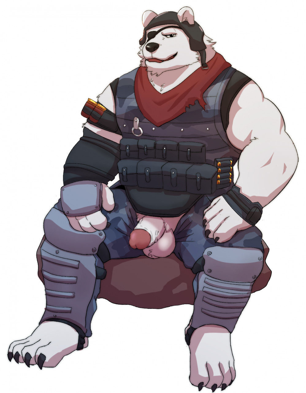 4_fingers 4_toes anthro armor balls bandana barefoot belt black_claws black_clothing black_eyes black_headwear black_helmet blush bulge bulletproof_vest claws clothed clothing dawawolf digital_media_(artwork) epic_games eye_patch eyewear feet fingers fortnite fully_clothed fur genitals glans grey_clothing grey_topwear hand_on_knee hand_on_leg handwear headgear headwear hi_res kerchief male male_only mammal penis plantigrade polar_bear polar_patroller portrait red_bandanna red_kerchief sitting solo toes topwear ursid ursine vest video_games white_balls white_body white_fur white_penis