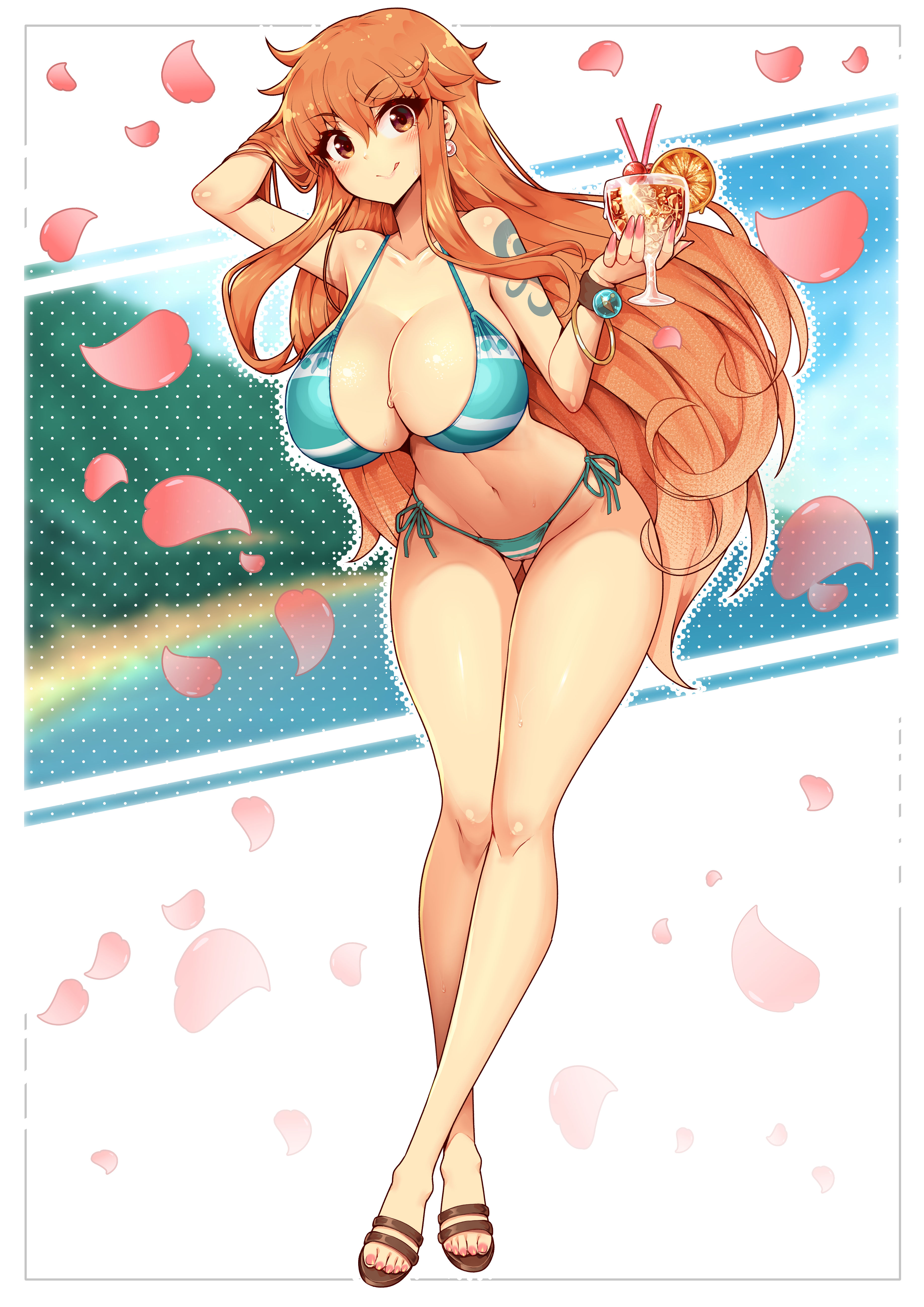 1girls, arm tattoo, beach, bikini, bikini bottom, blue tattoo, breasts, cleavage, female, female only, highres, holding, huge breasts, long hair, looking at viewer, nami (one piece), navel, no pants, one piece, orange eyes, orange hair, orange-haired female, post-timeskip, solo, standing, striped bikini, sweat, swimsuit, tattoo, very long hair, virus-g