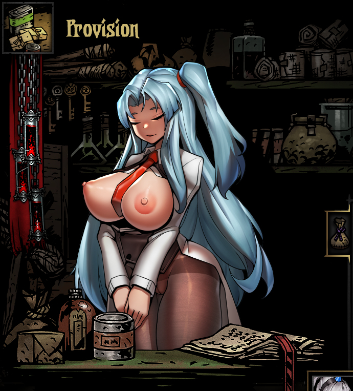 angela (lobotomy corporation), background, big breasts, blue hair, breasts, darkest dungeon, exposed breasts, eyes closed, female, hair ornament, huge breasts, labcoat, lobotomy corporation, long hair, mod, niur, no bra, no panties, pointy nipples, project moon, provisioner (darkest dungeon), shop, stockings, tagme, thighs