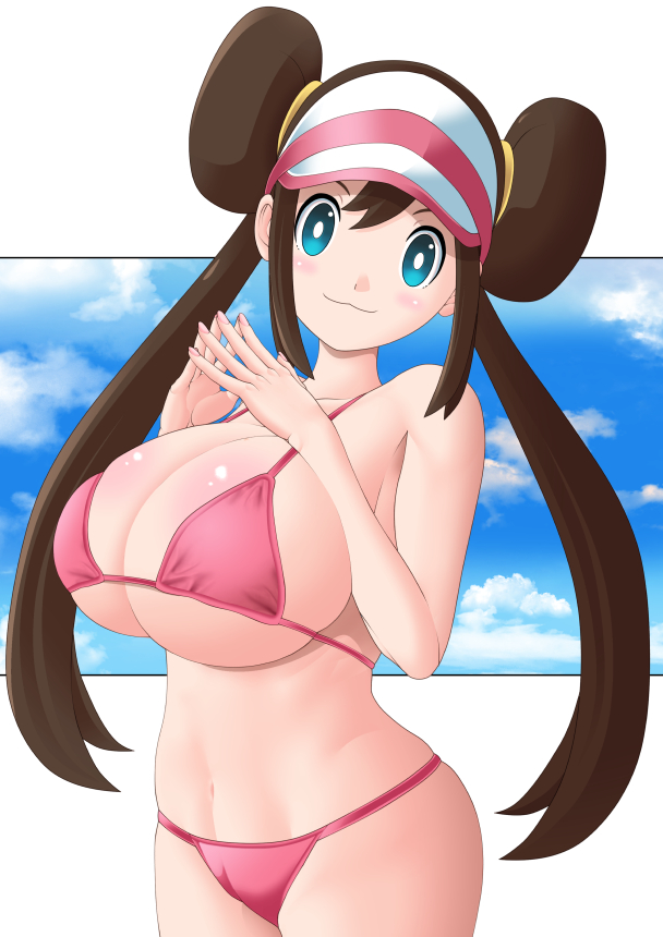 :3, 1girls, 2022, alternate breast size, bikini, blue eyes, breasts, brown hair, female, female only, hips, huge breasts, light skin, light-skinned female, long hair, massive breasts, nintendo, pink bikini, pokemon, pokemon bw2, rosa (pokemon), s.forest, slim waist, smile, thick thighs, thighs, twin buns, twintails, wide hips