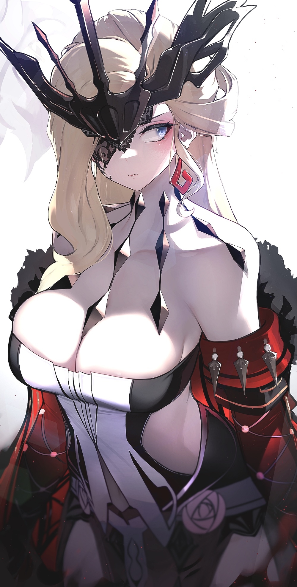 1girls big_breasts blonde_hair blue_eyes breasts cleavage crown fatui genshin_impact hizake kashu_(hizake) long_hair npc npc_(genshin_impact) one_eye_covered signora_(genshin_impact)