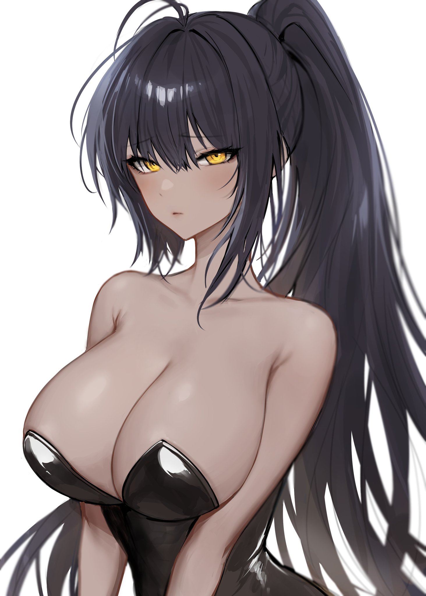 1girls, artist request, big breasts, black hair, black leotard, blue archive, breasts, bunny girl, bunnysuit, dark skin, dark-skinned female, female, karin (blue archive), karin (bunny) (blue archive), leotard, long hair, looking at viewer, sideboob, solo female, tagme, tanned female, tanned skin, yellow eyes