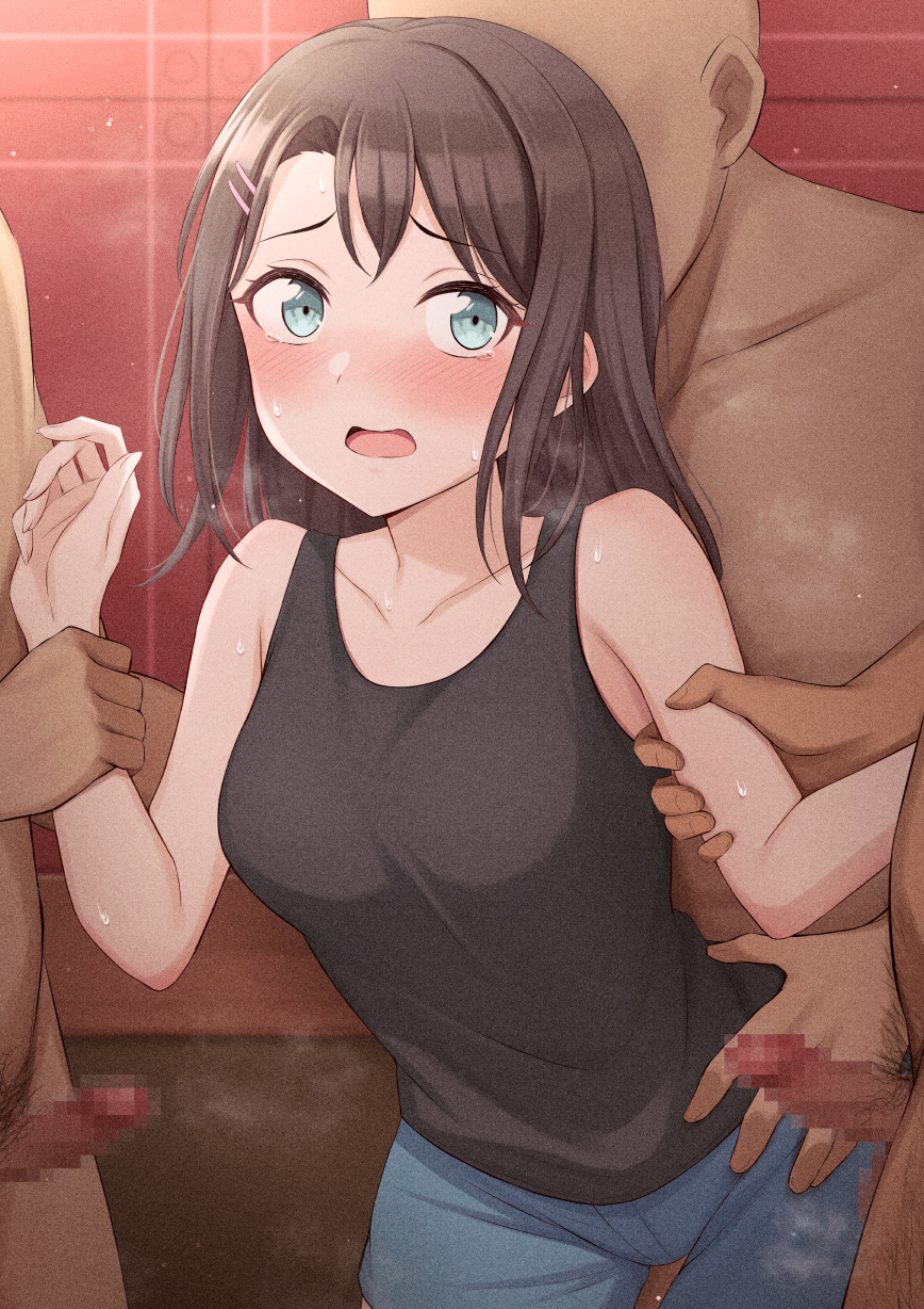 3boys arm_grab bang_dream! black_tank_top blue_eyes blush breasts censored clothed_female_nude_male collarbone denim female hair_ornament hairclip highres jeans long_hair medium_breasts mosaic_censoring multiple_boys nude okusawa_misaki open_mouth panna444 pants penis rape small_penis solo_focus standing straight sweat tank_top torso_grab