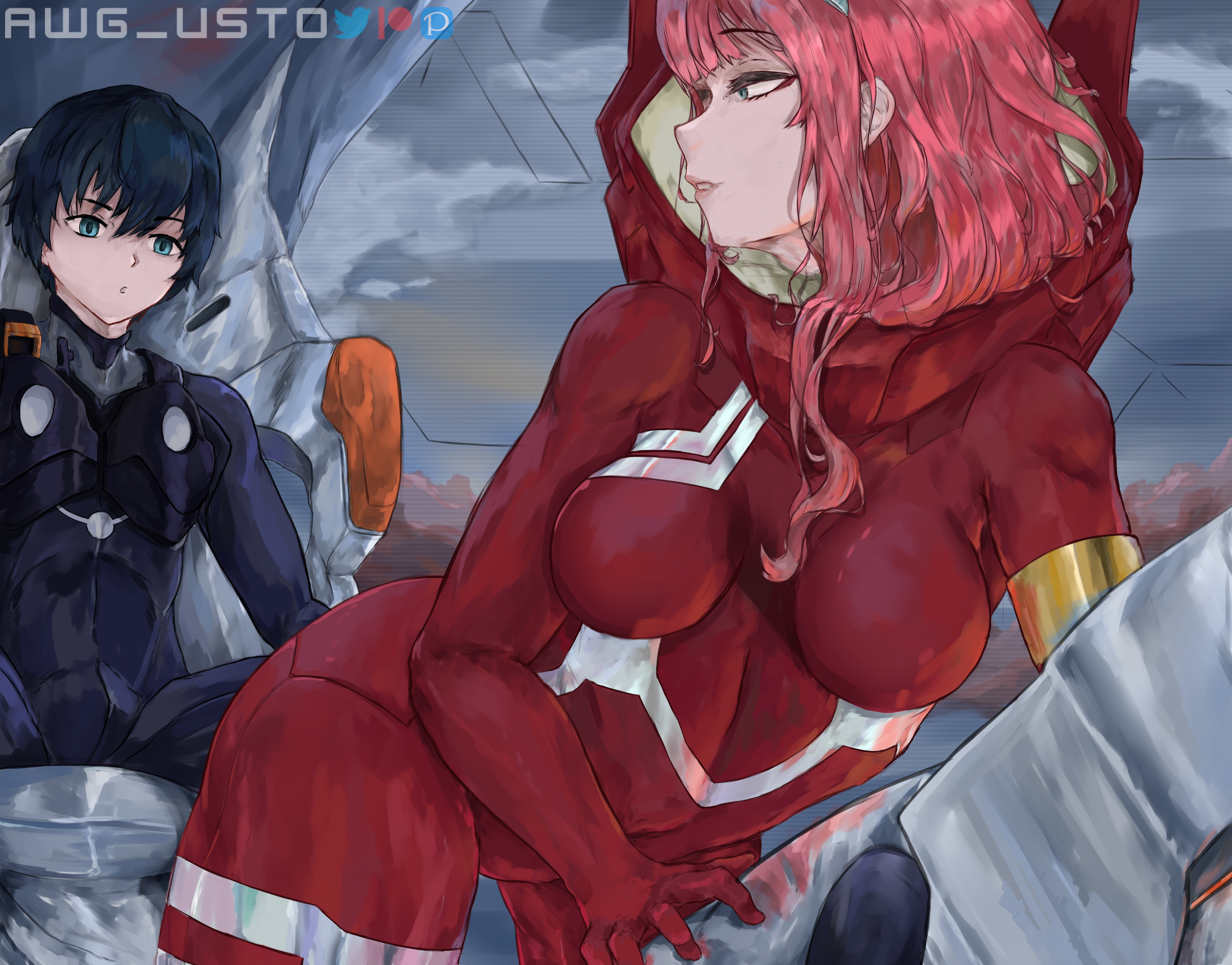 1boy, 1femboy, 1girls, anime, anime style, ass, awg usto, blue eyes, bodysuit, bulge, bulge through clothing, darling in the franxx, doggy style, duo, female, femboy, feminine male, hiro (darling in the franxx), male, mammal, no sex, pink hair, thick ass, thighs, tight clothing, zero two (darling in the franxx)