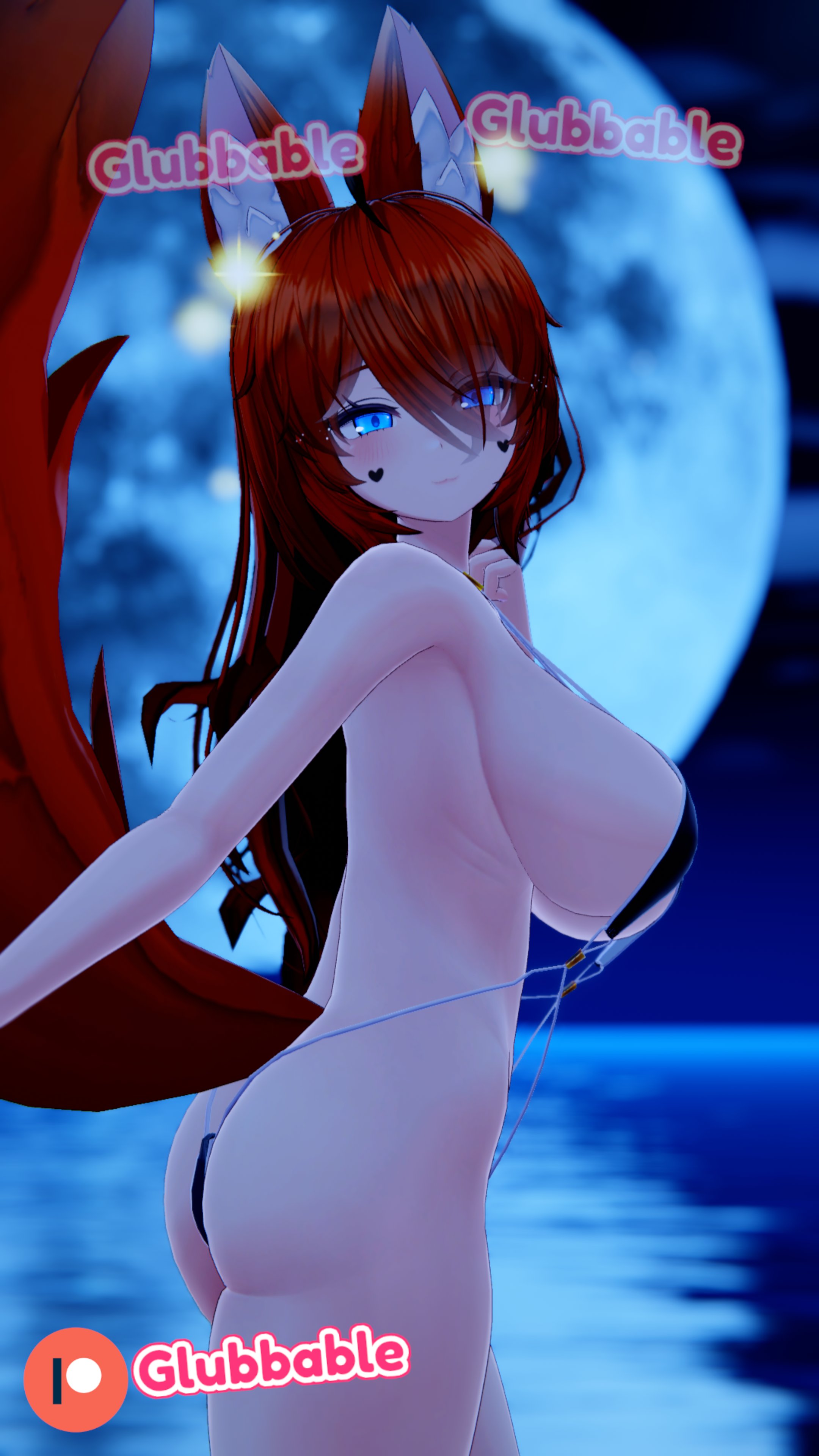 animal ears, areolae, bikini, bikini bottom, bikini top, blue eyes, blush, breasts, female, fox ears, fox girl, fox tail, ginger hair, glubbable, huge breasts, indie virtual youtuber, kemonomimi, large breasts, patreon, patreon username, side view, sideboob, skimpy, skimpy clothes, smug face, smug grin, string bikini, virtual youtuber, vrchat, vrchat avatar, vrchat booth