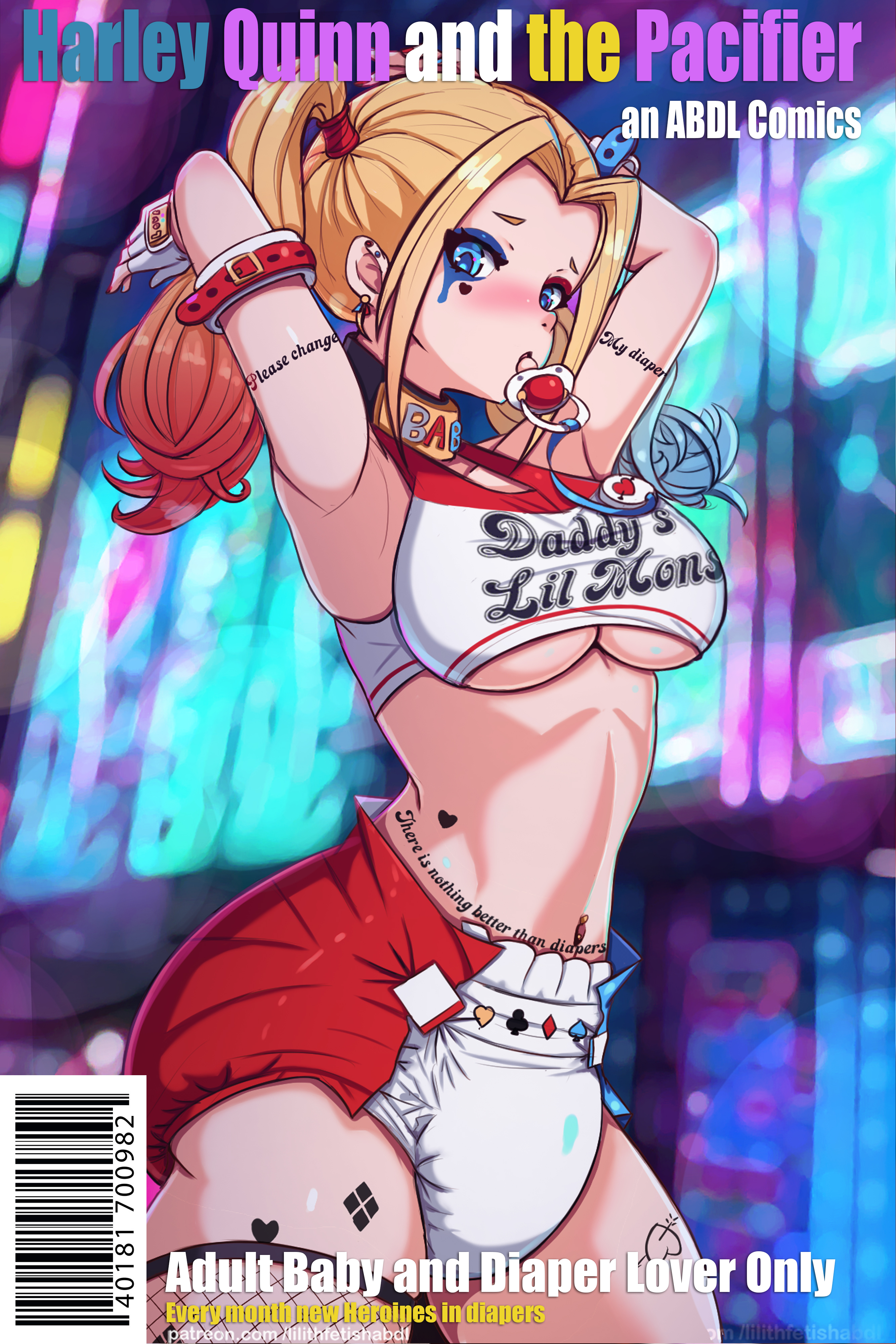 1girls, big breasts, breasts, comic cover, dc, dc comics, diaper, female, harley quinn, lilith-fetish, long hair, pacifier, twintails, underboob