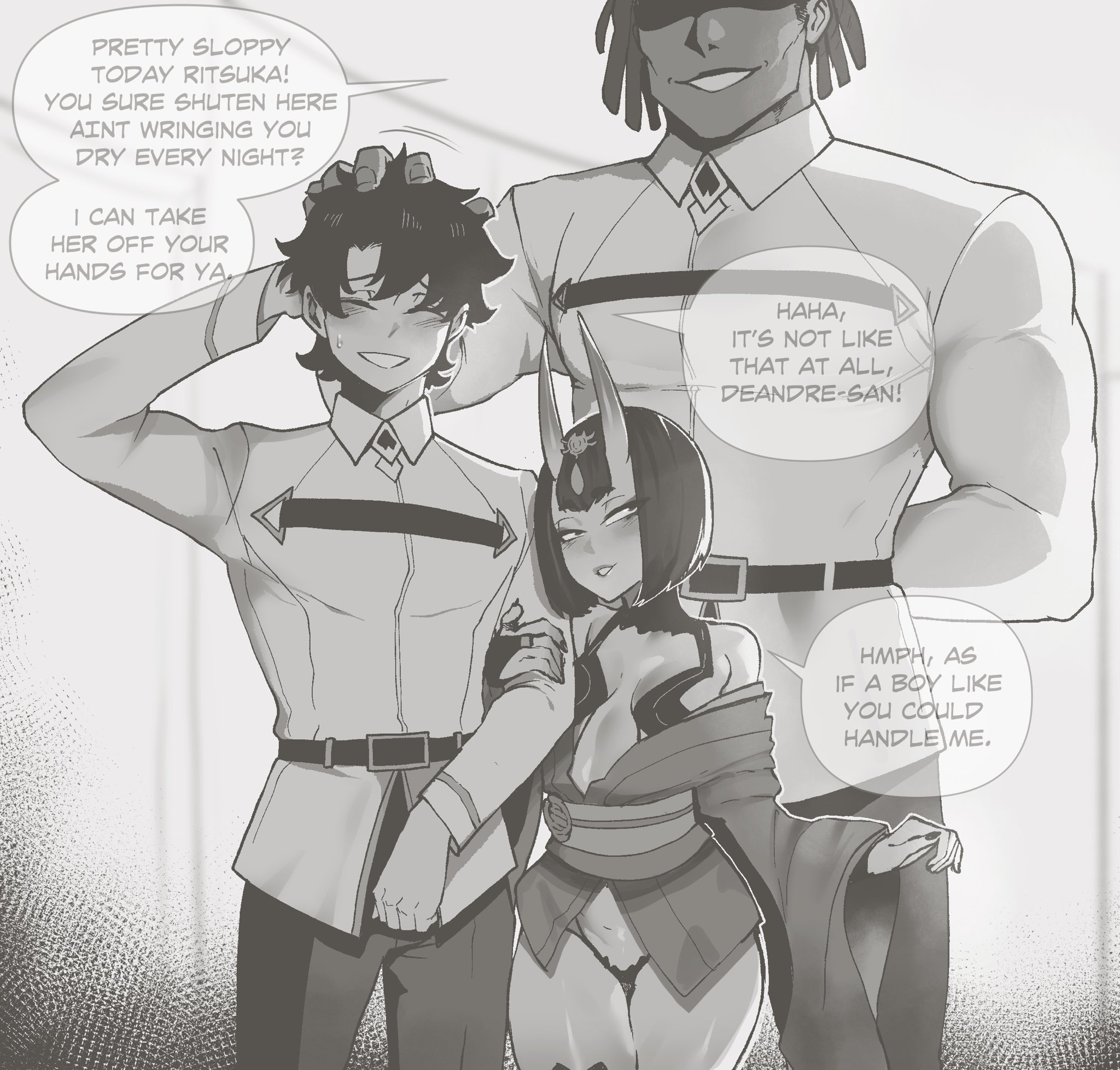 english, english text, fate (series), fate/grand order, female, fujimaru ritsuka (male), hand on another's head, hands behind head, horns, larger male, male, monochrome, netorare, shuten douji (fate), thiccwithaq