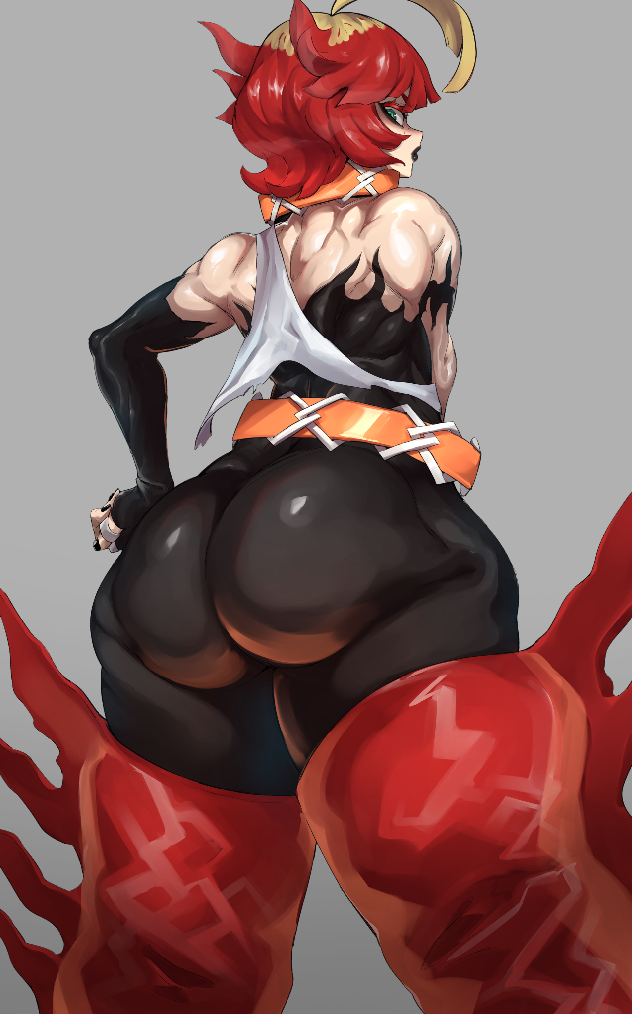 1girls, armwear, ass, ass focus, big ass, big butt, black lipstick, blonde hair, blue eyes, boots, clothed, clothes, eye contact, female, female only, game freak, grey background, hand on hip, higher resolution available, lipstick, looking at viewer, looking back, mela (pokemon), nintendo, nuezou, pokemon, pokemon (game), pokemon sv, red hair, redhead, ripped clothing, short hair, simple background, skin tight, solo, solo female, standing, team star, thick thighs, thighs, tight clothing, tight pants, two-tone hair