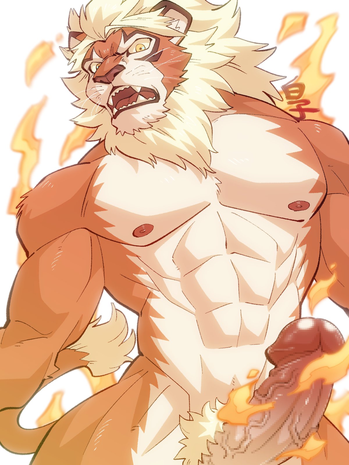 anthro blonde_hair erection fire genitals hair hi_res hybrid japanese_text looking_angry magnos_(world_flipper) male male_only nude pecs penis shirako solo solo_male tail_tuft text tuft world_flipper