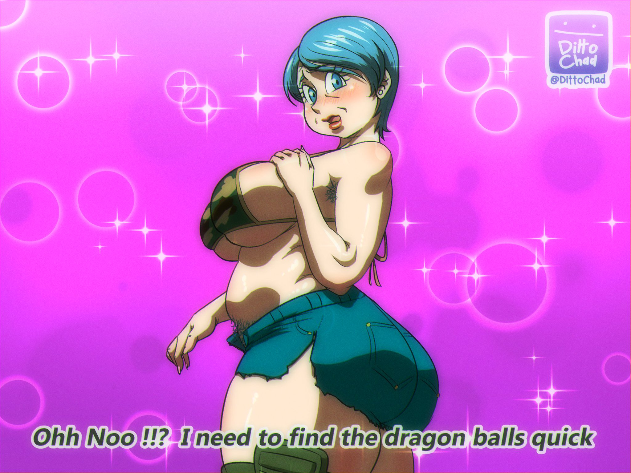 !, !!?, armpit hair, big breasts, bikini top, blue eyes, blue hair, breasts, bulma briefs, dittochad, dragon ball, dragon ball super, dragon ball z, earrings, english text, female, gilf, hairy armpits, hairy pussy, hand on breast, jean shorts, jeans, lipstick, looking back, milf, mother, pubic hair, pussy, ripped clothing, short hair, slightly chubby, venus body, watermark, wrinkles