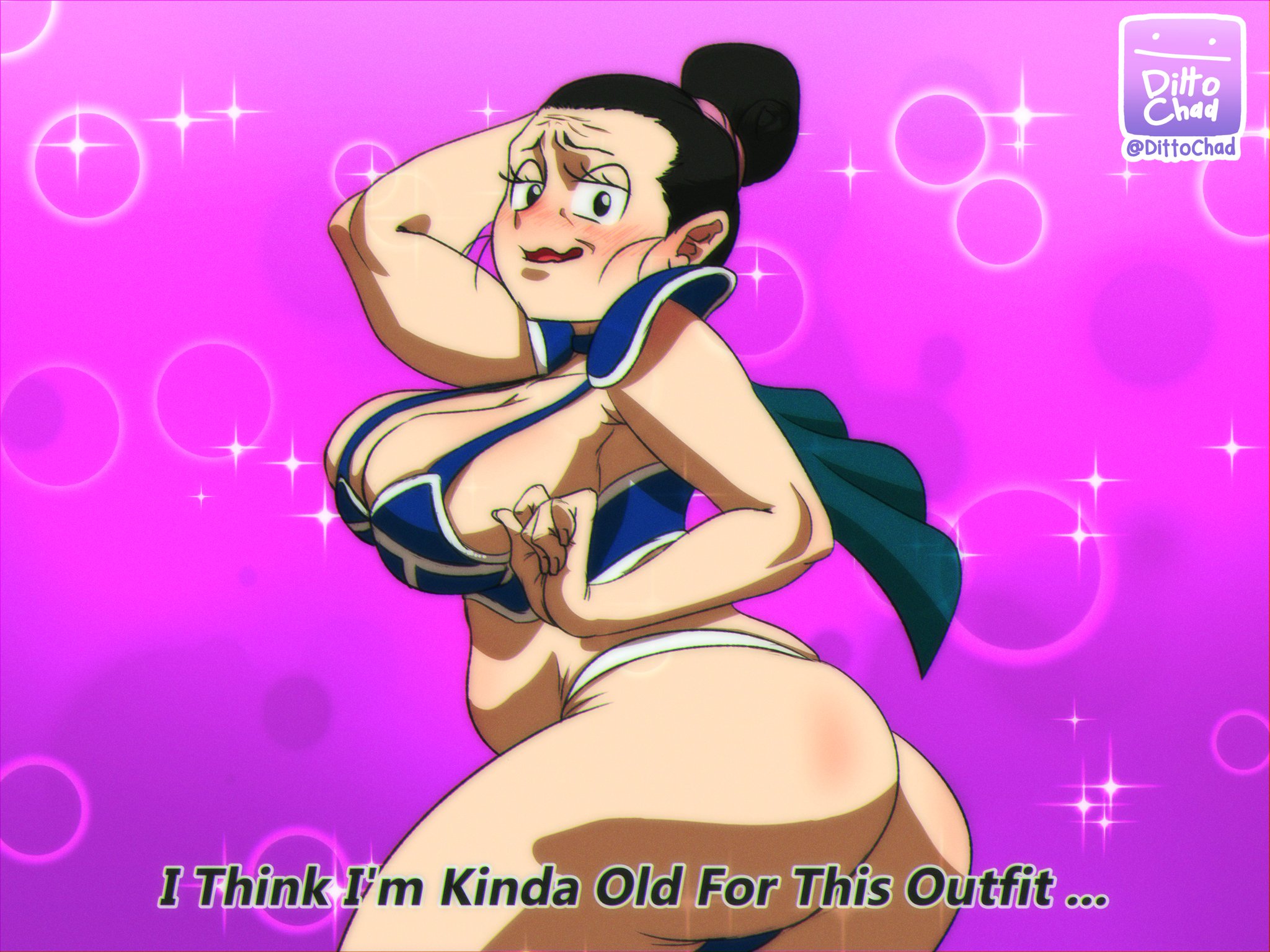 ..., 1girls, big breasts, black hair, blush, breasts, chichi, chichi's armor, chubby female, dialogue, dittochad, dragon ball, dragon ball super, dragon ball z, female, gilf, hairband, hairbun, hand behind head, hand on head, milf, pov, smiling, tagme, venus body