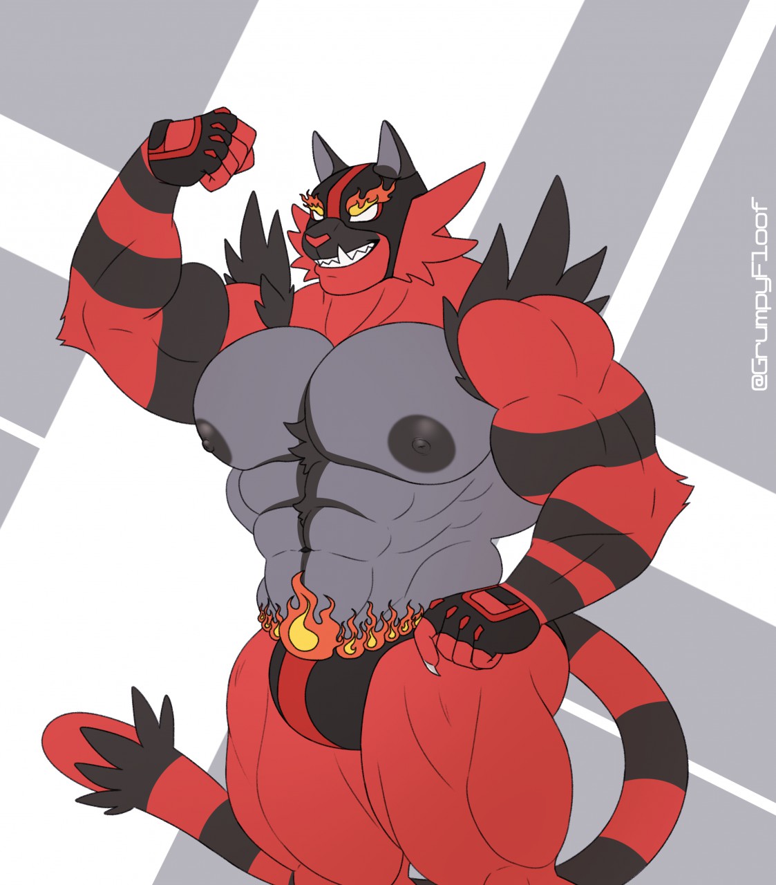 anthro bara barazoku bulge feline flexing furry game_freak gay grumpyfloof incineroar male male_only muscles muscular nintendo pokemon pokemon_sm red_fur solo solo_male