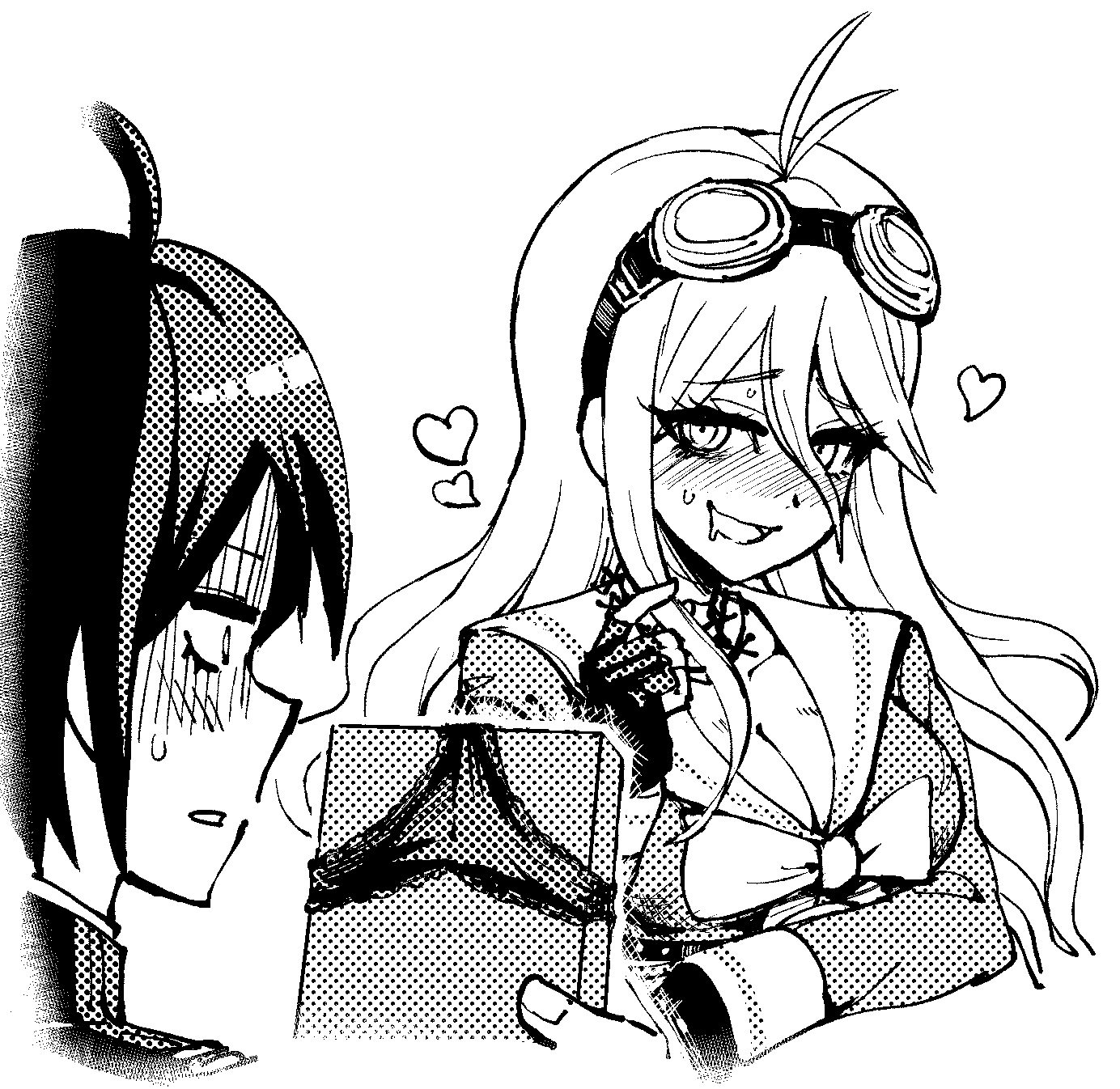 1boy, 1girls, 2022, ahoge, anime nose, black and white, blush, blush lines, bow, bow tie, bowtie, cleavage, danganronpa, danganronpa v3, danganronpa v3: killing harmony, dark hair, embarrassed, eyebrow through hair, eyebrows, eyebrows visible through hair, eyelashes, eyelashes visible through hair, female, gift, gift box, gloves, goggles, goggles on forehead, goggles on head, hair, heart, holding, holding object, human, iruma miu, long hair, male, male/female, monochrome, naughty face, new danganronpa v3, no visible genitalia, noseless, panties, pattern clothing, playing with hair, saihara shuuichi, saliva, saliva string, saliva trail, seduction, seductive, seductive eyes, seductive gaze, seductive look, seductive mouth, seductive smile, simple background, straight, straight hair, sweat, sweatdrop, teasing, toony, tsunemi aosa, underwear, white background