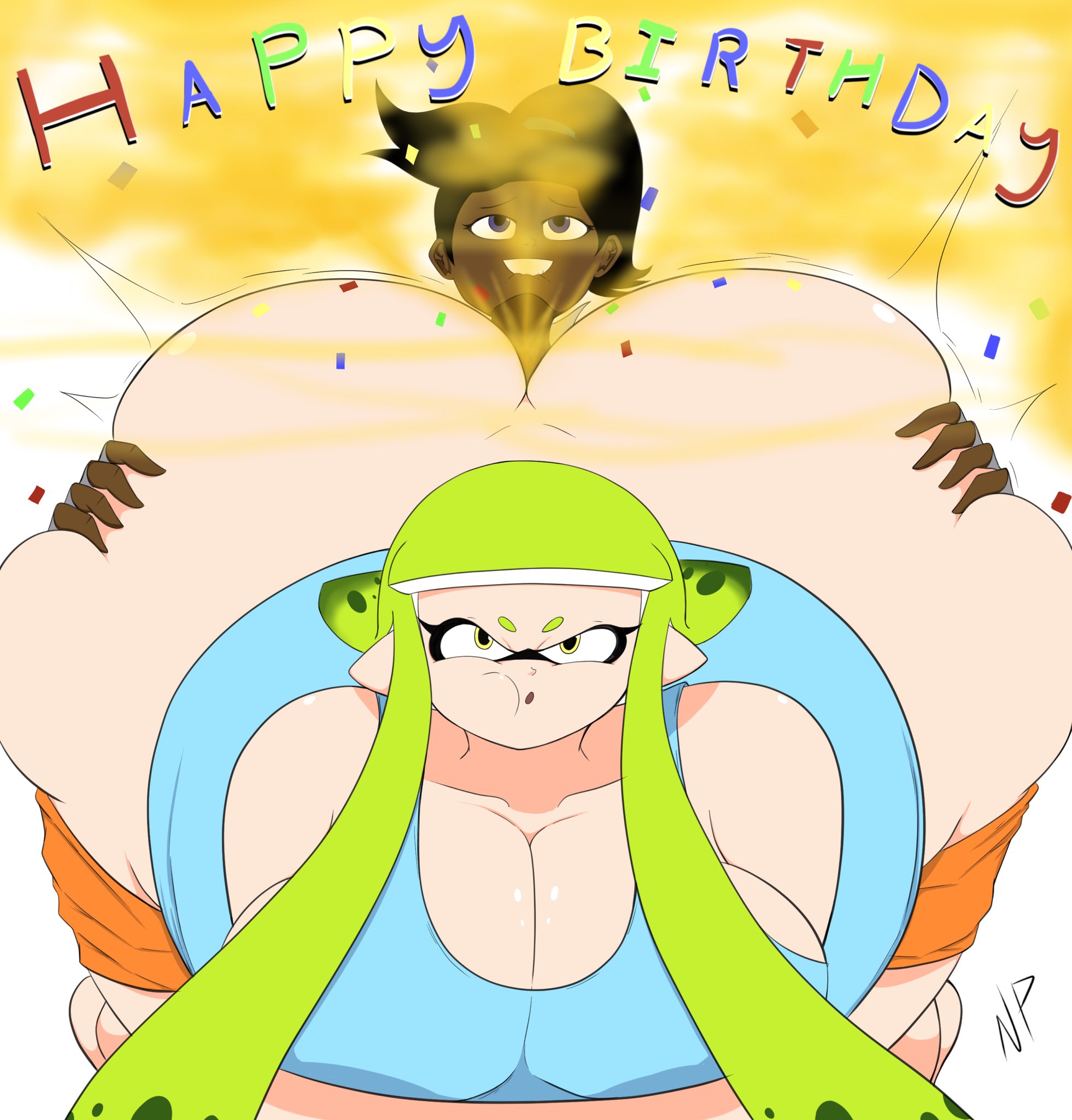 2girls, ass, big ass, big breasts, birthday, biting lip, black hair, breasts, cleavage, confetti, dark skin, dark-skinned female, dark-skinned sub, fart, fart cloud, fart fetish, farting in face, female, female focus, female only, green hair, huge ass, inkling, inkling girl, motion lines, natalie, natalie (nataliebum25), nataliebum25, nintendo, original character, pleasure face, purple eyes, splatoon, splatoon 2, yellow eyes, yuri