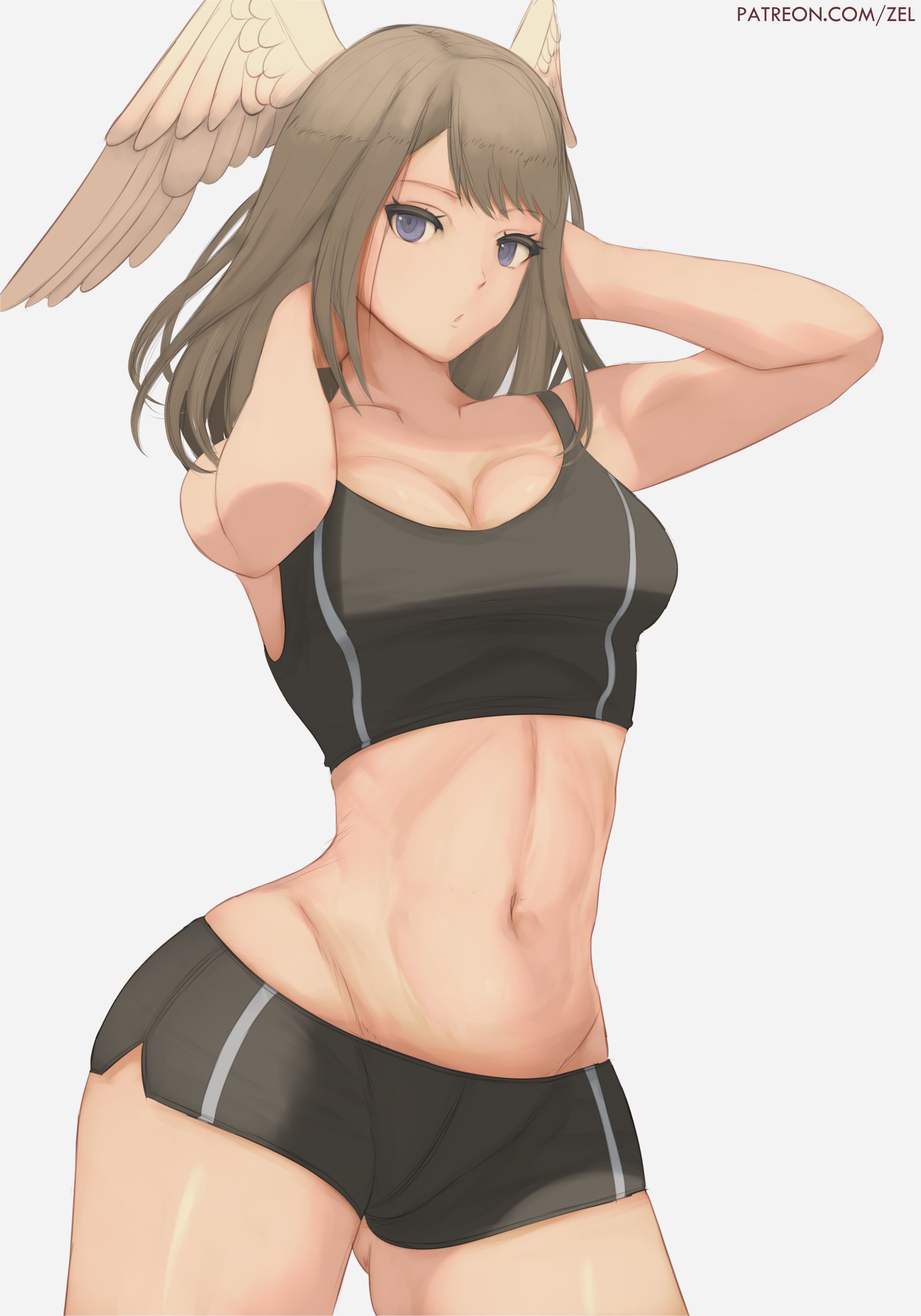 1girls, big breasts, black shorts, blue eyes, bottomwear, breasts, brown hair, clothing, eunie (xenoblade), female, female only, gym clothes, gym shorts, hair, shorts, solo, solo female, thick thighs, thighs, topwear, wings on head, xenoblade (series), xenoblade chronicles 3, zelc-face