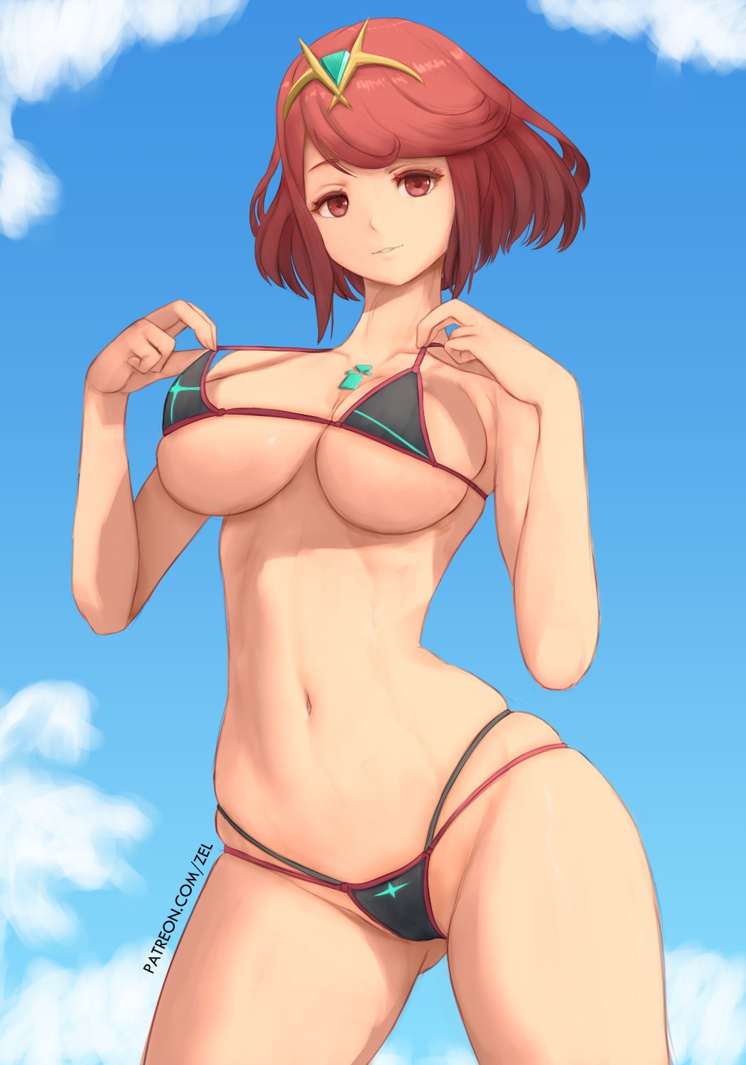 1girls, alternate version available, big breasts, bikini, bikini bottom, bikini top, bottomwear, breasts, cleavage, female, female only, hair, pyra, red bikini, red eyes, red hair, short hair, solo, solo female, swimsuit, swimwear, topwear, xenoblade (series), xenoblade chronicles 2, zelc-face