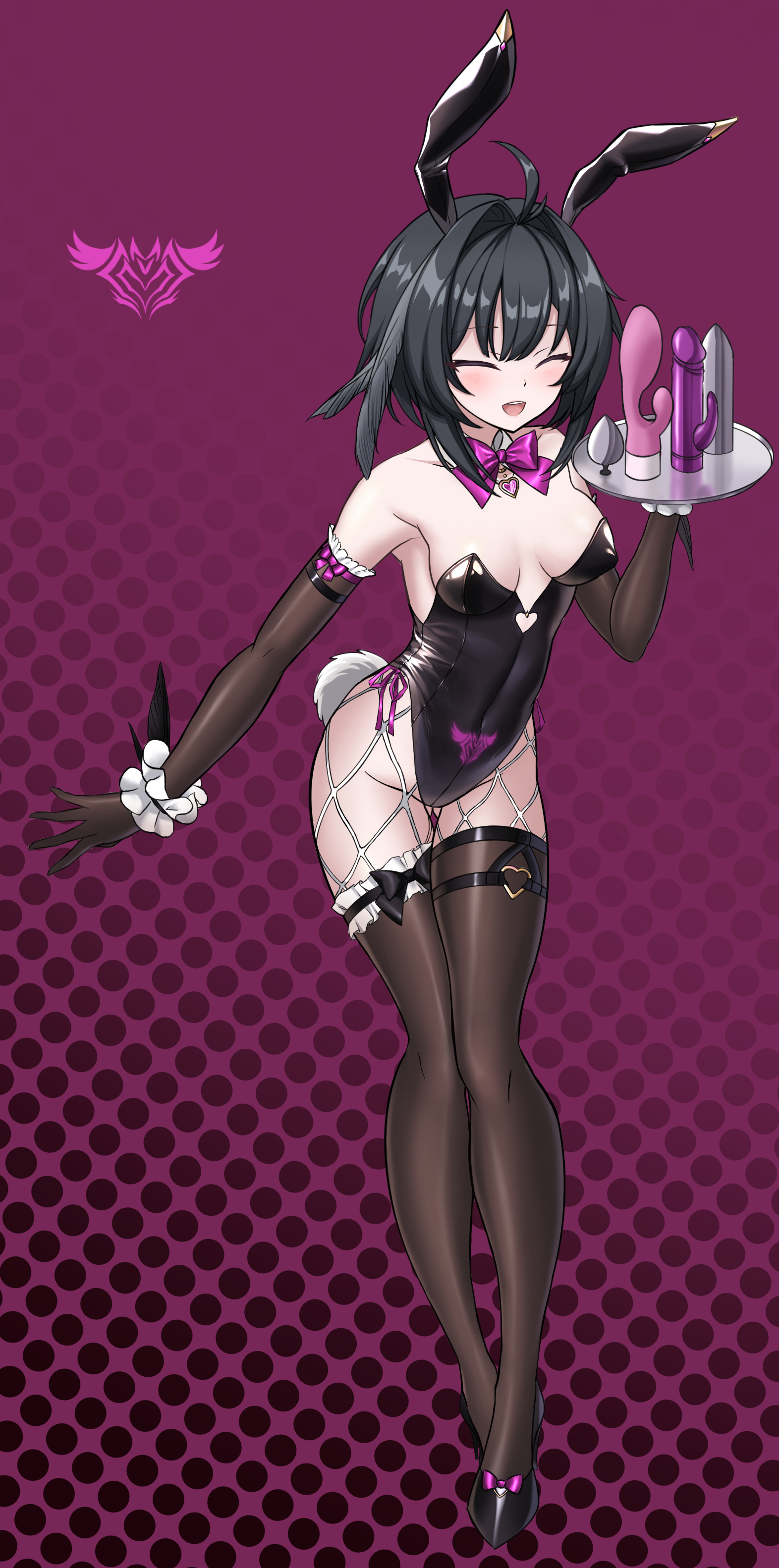 :d, 1girls, absurdres, ahoge, alternate costume, anal plug, animal ears, arknights, ass visible through thighs, bangs, bare shoulders, black footwear, black gloves, black hair, black leotard, black thighhighs, blush, bow, bowtie, breasts, budesonide, bunny ears, bunny girl, bunnysuit, buttplug, cleavage, closed eyes, corruption, covered navel, covered nipples, dark persona, detached collar, dildo, elbow gloves, facing viewer, fake animal ears, fake tail, feather hair, female, female only, full body, fully clothed, gloves, hair intakes, halftone, halftone background, high heels, highres, holding, holding tray, la pluma (arknights), leaning forward, leotard, medium breasts, open mouth, playboy bunny, pubic tattoo, purple background, purple bow, purple bowtie, rabbit ears, rabbit tail, revealing clothes, scrunchie, sex toy, shiny clothes, short hair, smile, solo, stockings, strapless, strapless leotard, tail, tattoo, thigh gap, thighhighs, tight clothing, tray, wrist scrunchie