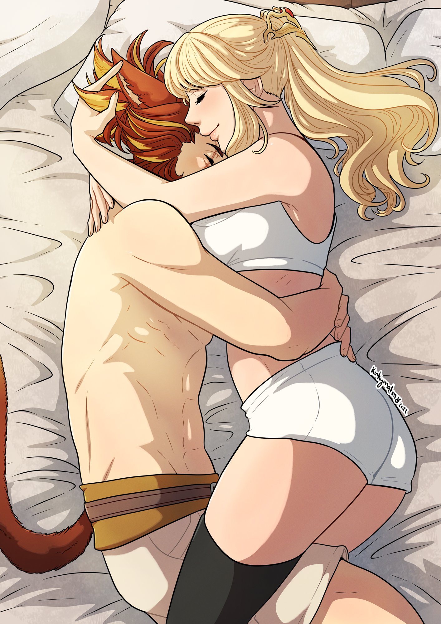 1boy, 1girls, animal ears, black legwear, blonde hair, cat ears, cat tail, closed eyes, female, final fantasy, final fantasy xiv, hi res, hugging, hyur, kinkymation, long hair, lyse hext, male, miqo'te, on bed, on side, ponytail, red hair, scar, scar across eye, smile, tail, thighs, warrior of light, wholesome, yellow highlights