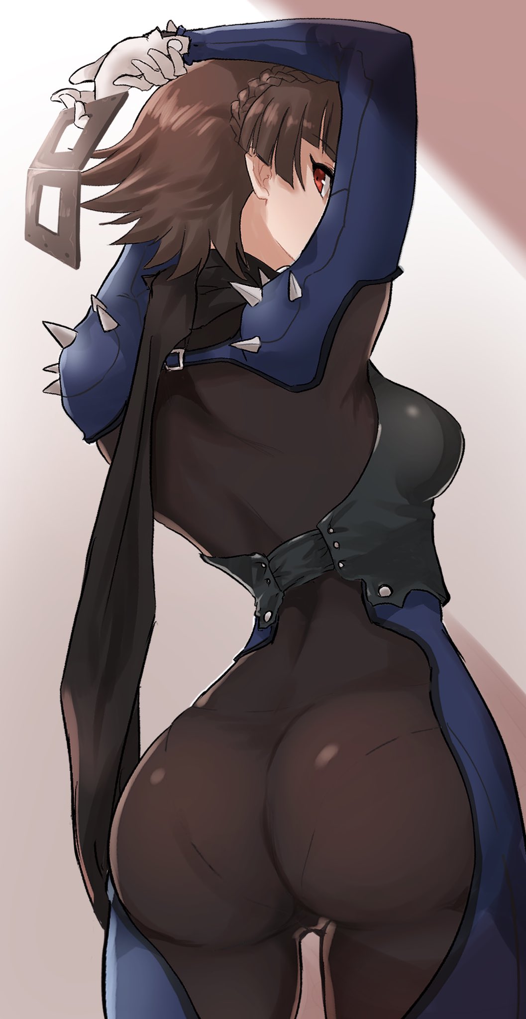 ass, big ass, big butt, brown hair, bubble ass, bubble butt, butt up, clothed, clothing, eyewear, female, human, kurosususu, makoto niijima, makoto niijima (queen), pale skin, persona, persona 5, phantom thief suit, red eyes, short hair, tight clothing