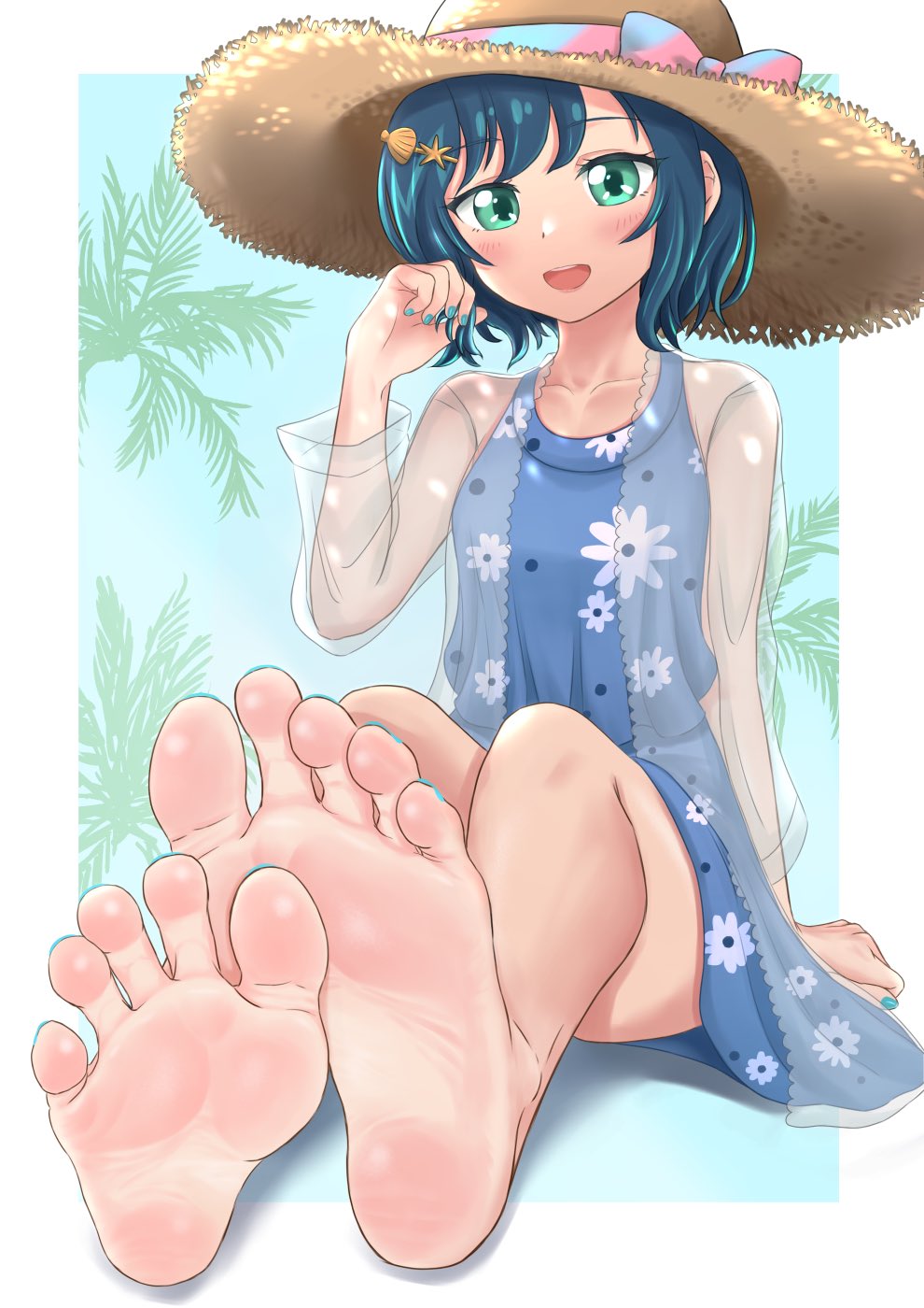bare legs, barefoot, beach, blue hair, blush, feet, female, foot fetish, foot focus, green eyes, smaller female, straw hat, unknown character