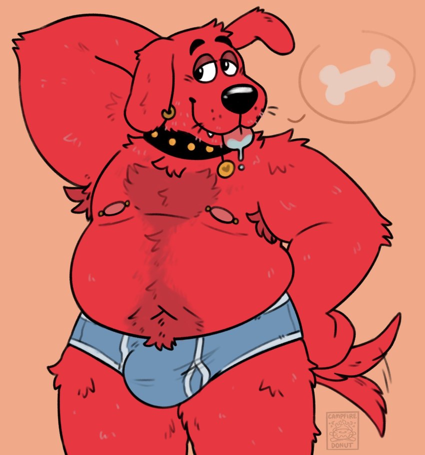 anthro anthrofied armpit_hair belly body_hair bulge campfire_donut canid canine canis clifford clifford_the_big_red_dog clothing collar domestic_dog ear_piercing ear_ring earring fur lidded_eyes male mammal no_shirt overweight red_fur solo tail_motion underwear wagging_tail