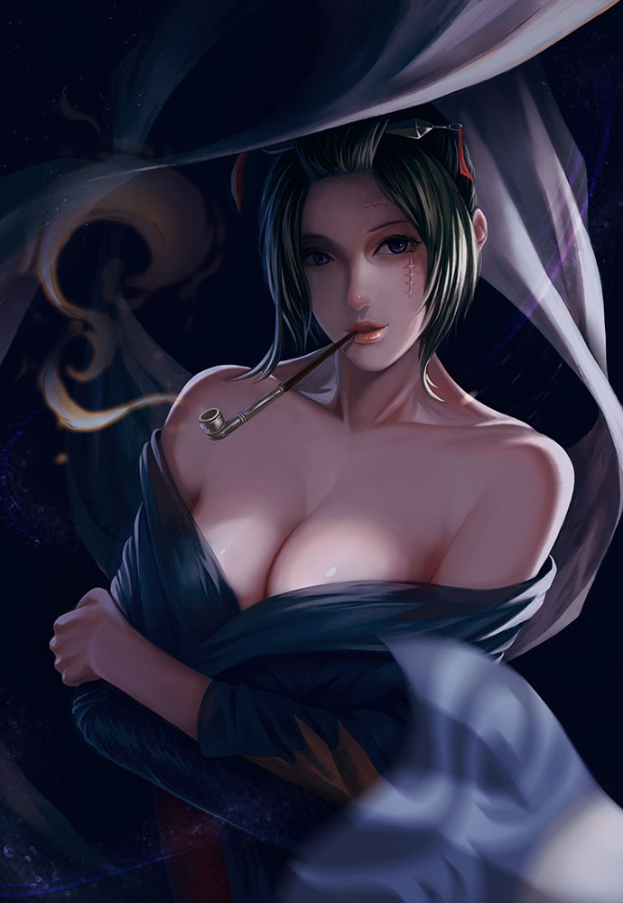 alternate_version_available bare_shoulders big_breasts cleavage crossed_arms facial_scar female female_only gintama hair_ornament kimono kiseru looking_at_viewer no_bra off_shoulder open_kimono ousang_chen painting_(artwork) pipe smoke smoking smoking_pipe solo tsukuyo upper_body