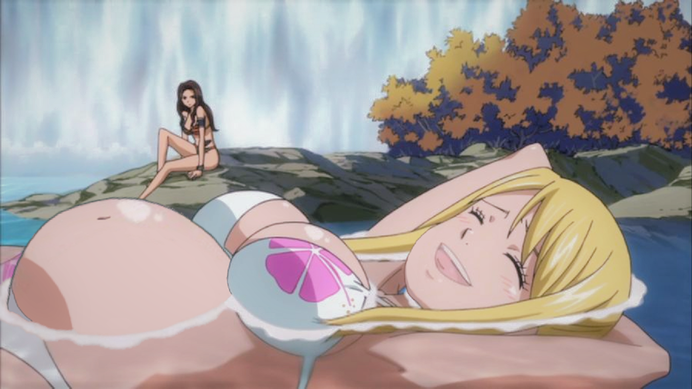 2girls, belly, belly stuffing, big belly, big breasts, bikini, blonde hair, breasts, edit, fairy tail, female, lucy heartfilia, pregnant, screenshot edit, stadla, stuffed, stuffed belly, stuffing