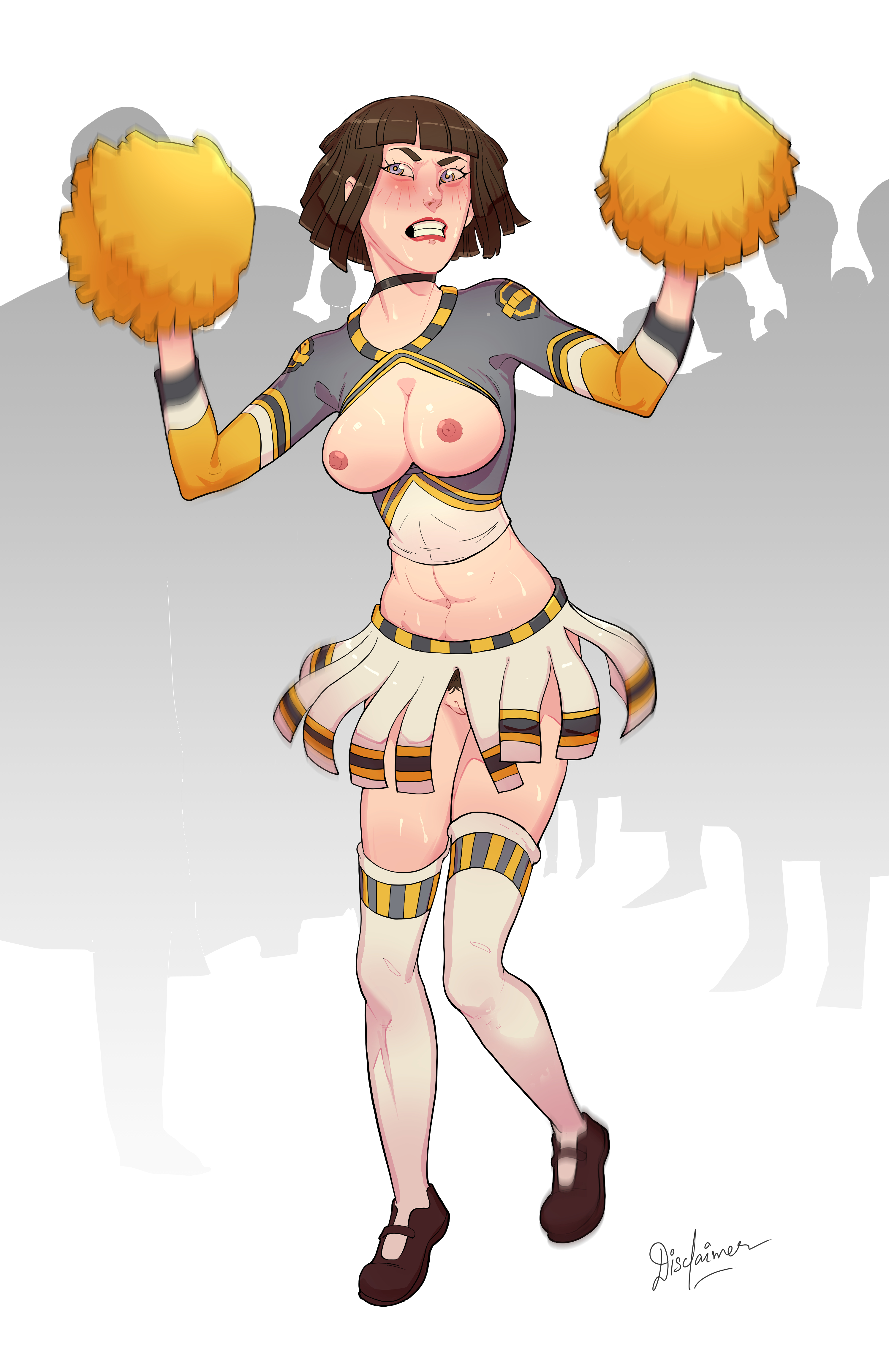 1girls, 2d, abs, angry, angry face, angry female, areolae, arm up, arms up, ashmount, background, blush, breast cutout, breastless clothes, breasts, breasts out, brown hair, cheerleader, cheerleader uniform, choker, cleavage cutout, clothed, clothed female, clothing, commission, disclaimer, embarrassed, embarrassed nude female, embarrassing outfit, enf, eyelashes, eyes, female, female focus, footwear, front view, full body, gryffindor, hair, harry potter, harry potter: magic awakened, holding object, hufflepuff, humiliation, lipstick, mary janes, medium breasts, midriff, miniskirt, neckwear, nipples, nudity, open eyes, parted lips, partially clothed, pattern socks, pom poms, pubic hair, pubic hair peek, public, public humiliation, public nudity, pussy, red lipstick, revealing clothes, robyn thistlethwaite, shirt, shoes, short hair, signature, simple background, skimpy, skirt, socks, socks and shoes, solo focus, spread arms, standing, stockings, sweat, teeth, teeth clenched, thigh socks, thighhighs, tomboy, uniform, unshaved pussy, wet, white background, white socks, witch (harry potter), wizarding world