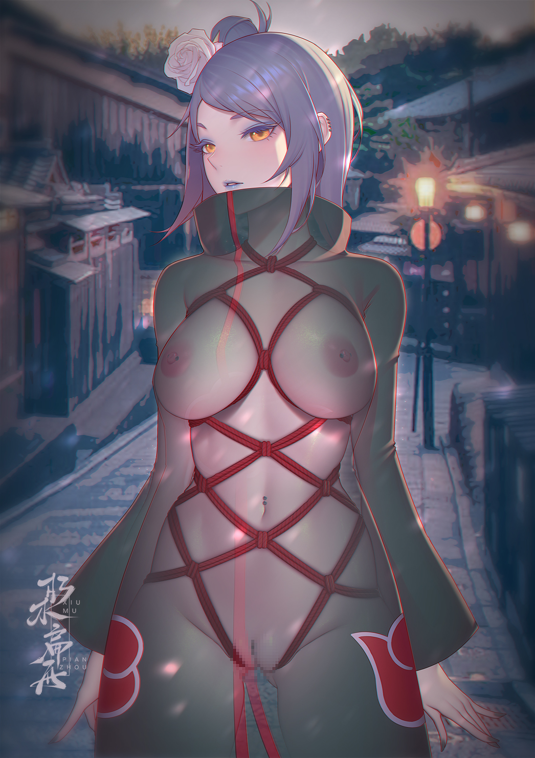 1girls, akatsuki (naruto), blue hair, bondage, breasts, censored, cloak, curvaceous, curvy, curvy body, curvy female, curvy figure, eyeshadow, female, female only, flower, flower in hair, fully clothed, functionally nude, hair bun, konan, lipstick, long hair, makeup, mascara, mature, mature female, mosaic censoring, naruto, naruto (series), naruto shippuden, no bra, no panties, orange eyes, piercing, pinup, rope, rope bondage, see-through, see-through clothing, shibari, solo, solo focus, standing, tied hair, xiumu bianzhou