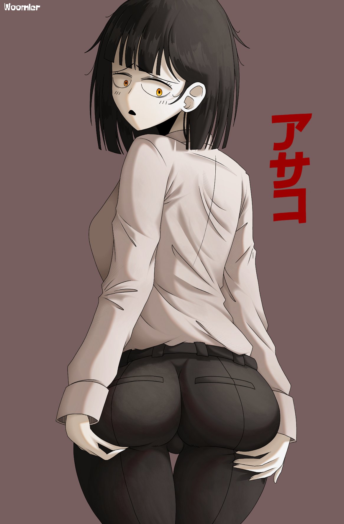 1girls artist_name ass ass_grab big_ass black_hair blossom_hope blush breasts female fully_clothed long_sleeves looking_down matsuzaki_asako open_mouth orange_eyes pants short_hair simple_background solo thick_thighs white_skin woomler