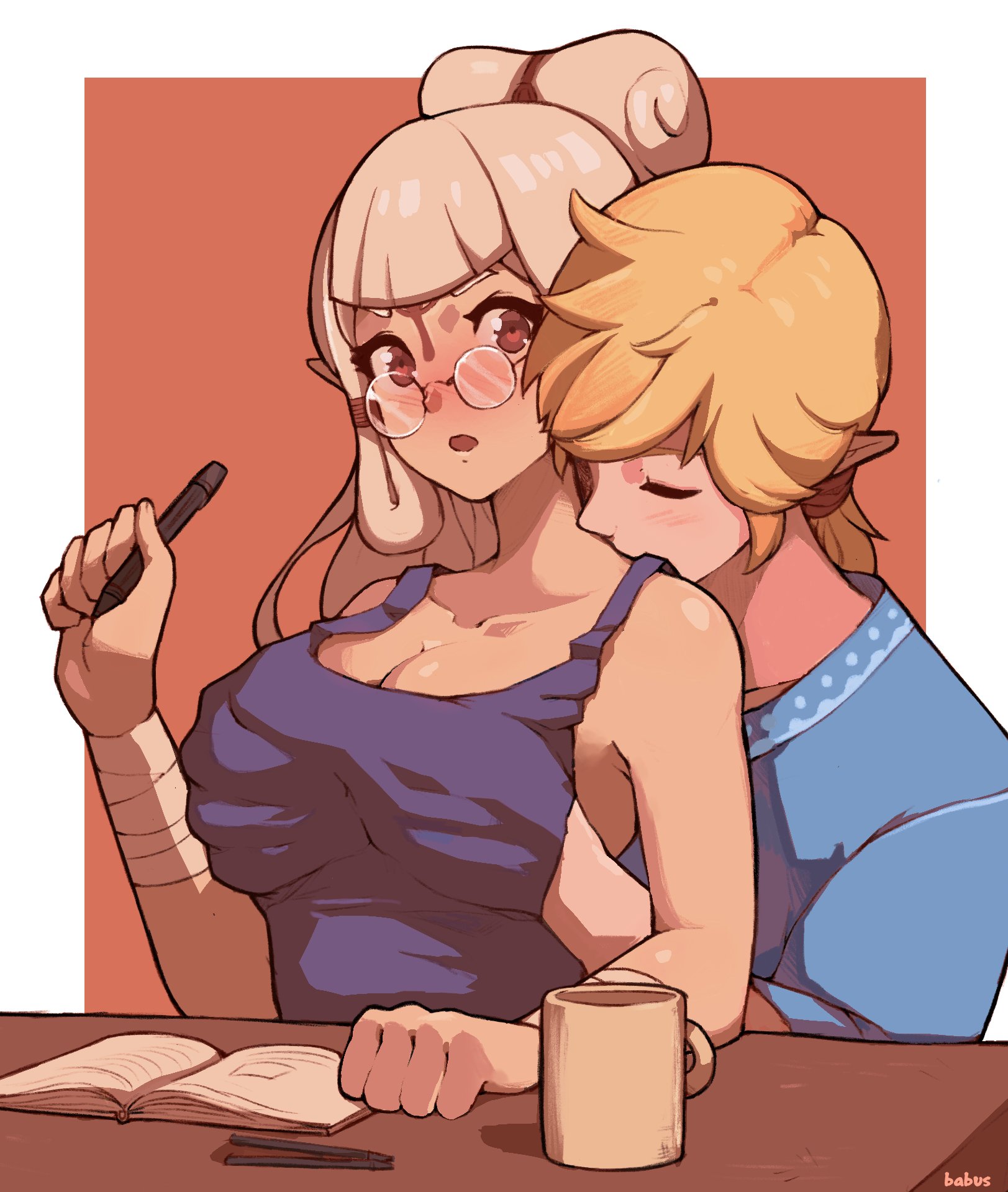 1boy, 1girls, apron, babus games, blush, breast grab, breasts, breath of the wild, champion's tunic, cleavage, clothed, collarbone, couple, cute, desk, female, fondling, fondling breast, glasses, hands under clothes, holding pen, human, hylian, kissing neck, link, link (breath of the wild), male, medium breasts, paya (the legend of zelda), pen, pointy ears, sheikah, straight, surprised, the legend of zelda, wholesome