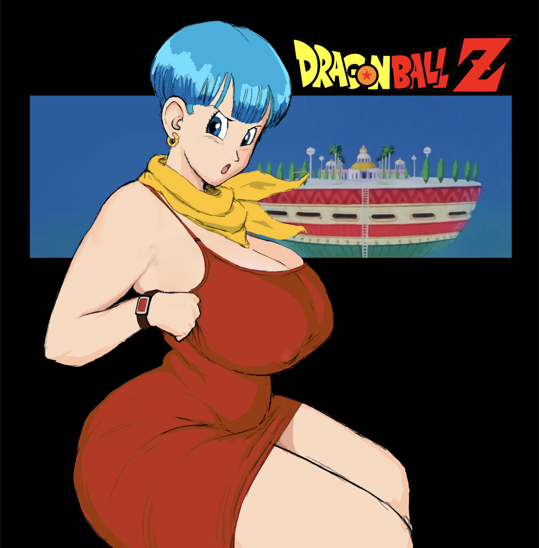 1girls, angry, ass, ass in dress, big ass, big breasts, blue eyes, boobs, breasts, bulma briefs, cleavage, dragon ball, dragon ball z, earrings, female, female only, looking at viewer, mature female, milf, nipple bulge, red dress, short hair, solo, tight dress, yellow scarf, zetomeso