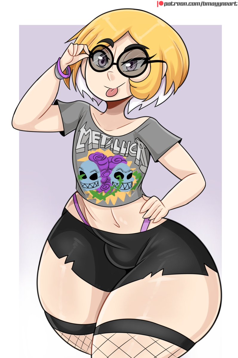 1boy, artist name, blonde hair, bmayneart, bulge, clothed, clothing, femboy, fishnet stockings, fishnets, gay, gloves, hand on hips, looking at viewer, male, male only, multicolored hair, original, original character, panties, patreon username, robin (bmayneart), shirt, shorts, solo, stockings, sunglasses, thick thighs, tongue, tongue out, voluptuous, voluptuous femboy, voluptuous male, wide hips