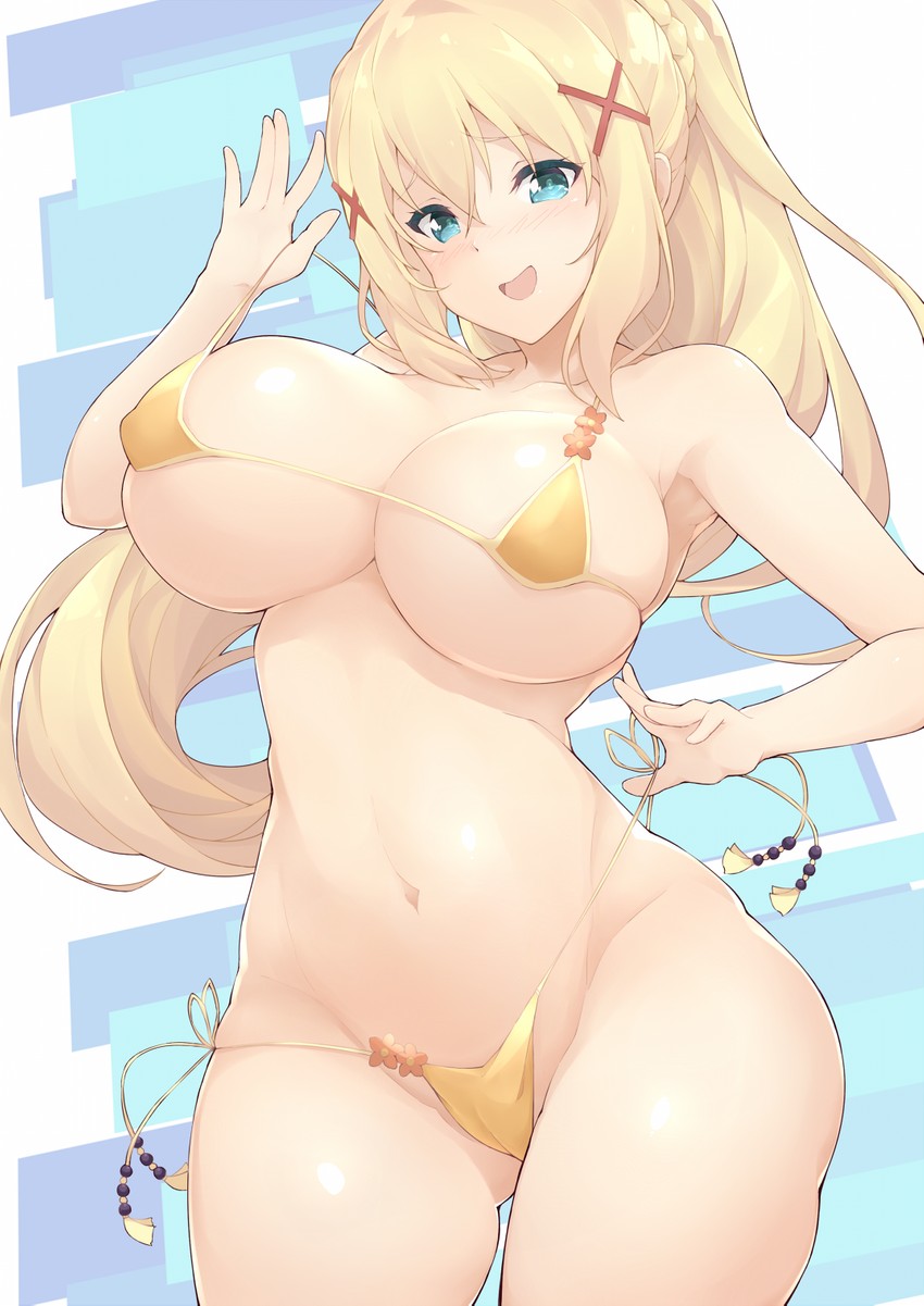 bangs bare_shoulders bikini blonde_hair blue_eyes blush breasts cleavage collarbone covered_nipples darkness_(konosuba) female flower hair_between_eyes hair_ornament jampen kono_subarashii_sekai_ni_shukufuku_wo! large_breasts long_hair micro_bikini navel open_mouth ponytail side-tie_bikini_bottom sidelocks skindentation smile solo strap_pull string_bikini swimsuit underboob very_long_hair x_hair_ornament yellow_bikini