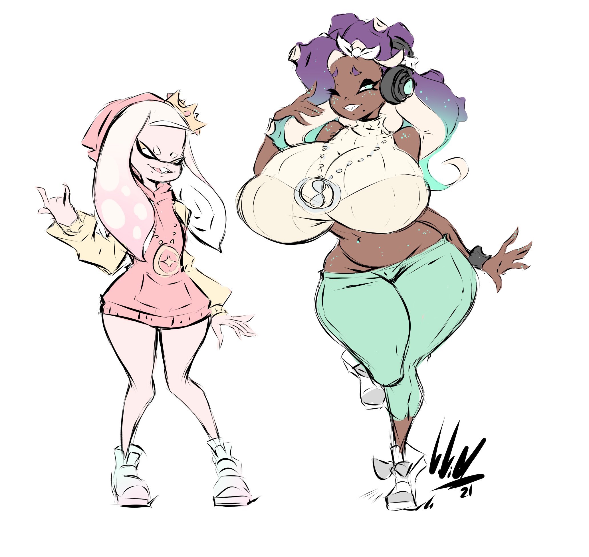 2girls, alternate breast size, anthro, big breasts, breasts, clothed, clothing, dullvivid, duo, female, female only, huge breasts, large breasts, marina (octo expansion), marina (splatoon), pearl (octo expansion), pearl (splatoon), splatoon, splatoon 2, tagme
