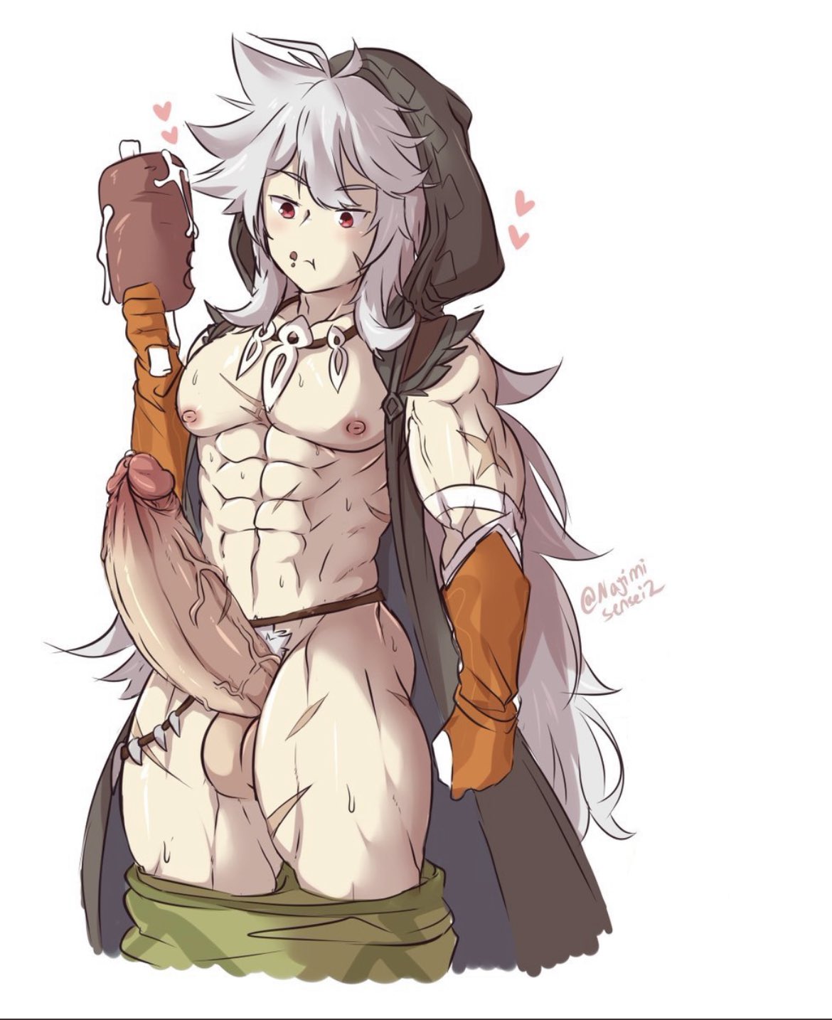 1boy, bara, cum, genshin impact, male, male only, meat, muscular, muscular male, penis, razor (genshin impact), red eyes, sweat, veiny penis, white hair, yaoi