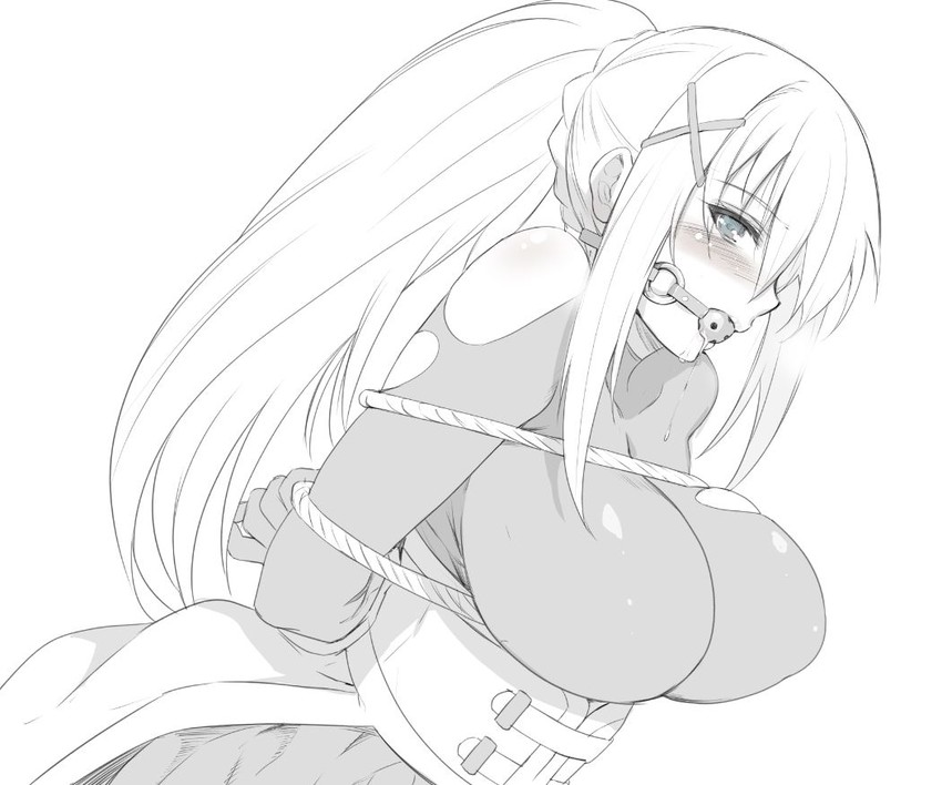 1girls ball_gag big_breasts blush bodysuit bondage bondage bound bound_arms breast_bondage breasts darkness_(konosuba) drooling gag greyscale hair_ornament inue_shinsuke kono_subarashii_sekai_ni_shukufuku_wo! large_breasts long_hair monochrome ponytail saliva sidelocks solo torn_bodysuit torn_clothes x_hair_ornament