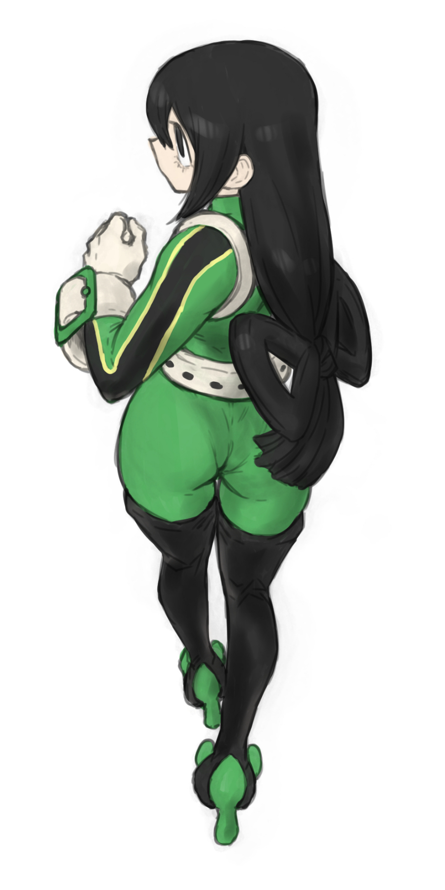 1girls ass back_view black_hair flat_ass frog_girl green_clothing long_hair my_hero_academia tight_clothes tight_clothing tsuyu_asui unusual_hair