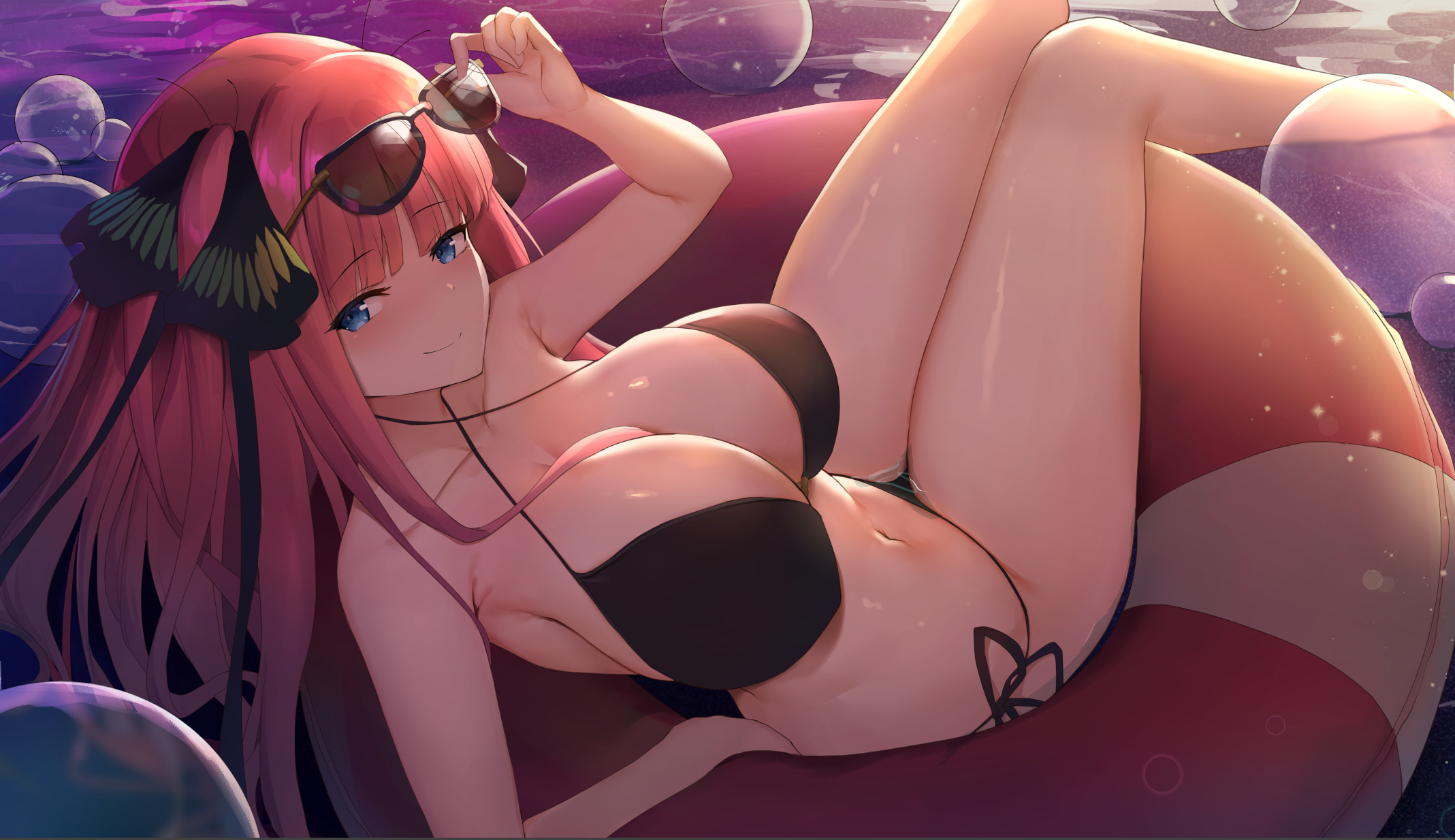 big breasts, bikini, black bikini, black bra, black sclera, blue eyes, blush, breasts, bubbles, cleavage, female, female only, go-toubun no hanayome, hair ribbon, large breasts, long hair, looking at viewer, nakano nino, pink hair, solo, solo focus, sunglasses, sunglasses on head, swimsuit, thick thighs, thighs, uncensored, underwear, viral1112, water, wide hips