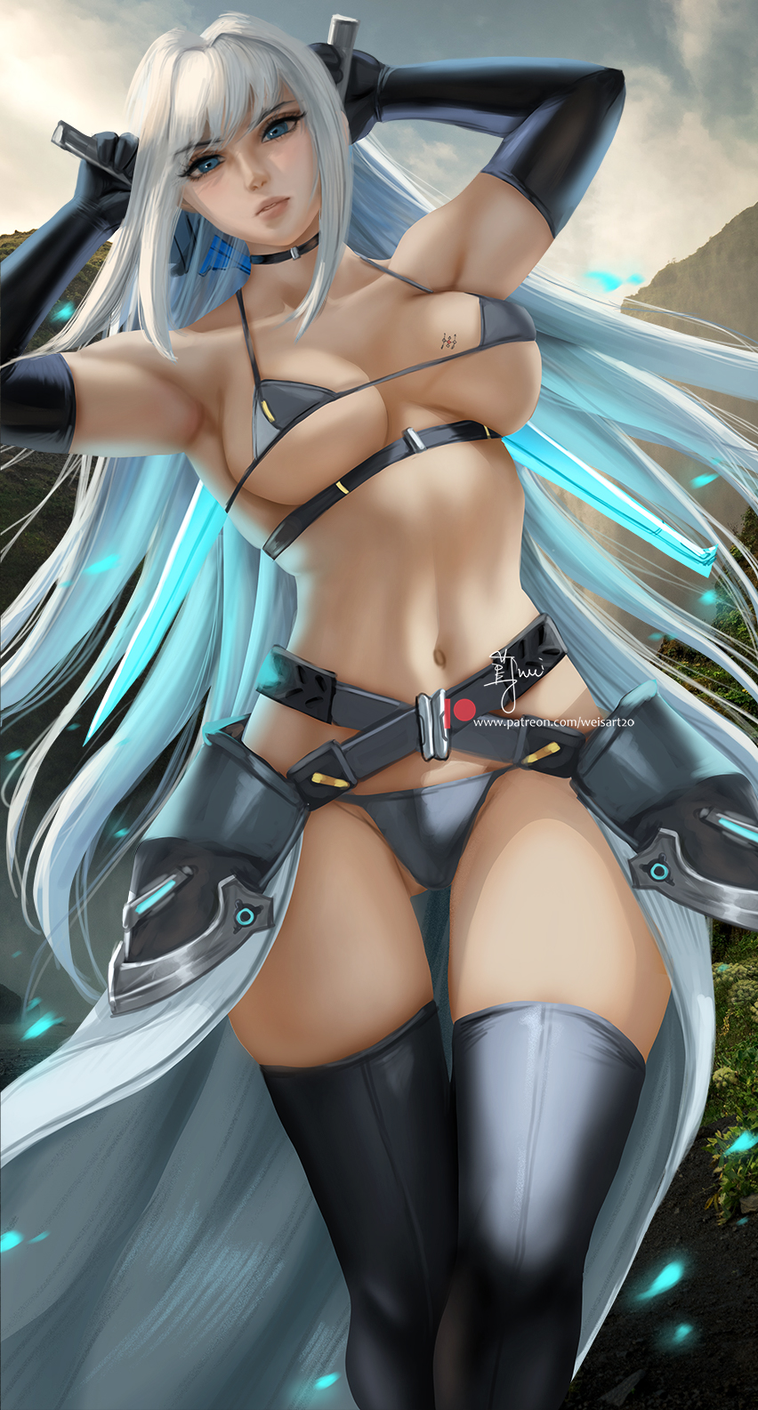 1girls, big breasts, bikini bottom, blue eyes, breasts, choker, curvaceous, curvy body, curvy female, curvy figure, ethel (xenoblade), female, female focus, female only, grey bikini, hands behind head, latex, latex gloves, latex thighhigh boots, light skin, light-skinned female, long hair, looking at viewer, muscular, muscular female, spaghetti strap, tagme, thigh gap, thighhighs, voluptuous, voluptuous female, weisart, white hair, xenoblade (series), xenoblade chronicles 3