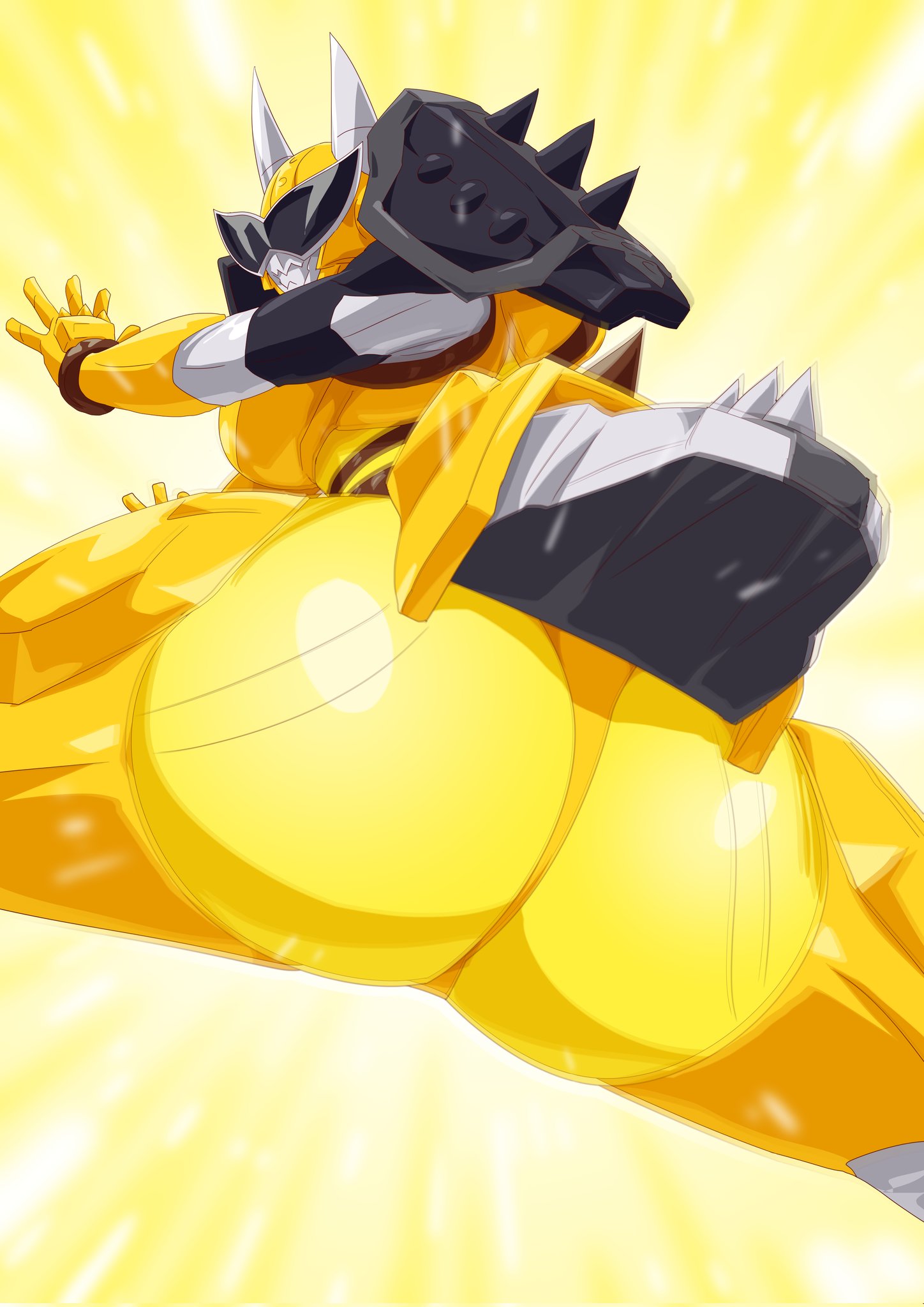 armor armored armored_boots armored_dress armored_female armored_gloves armored_sex ass_focus avataro_sentai_donbrothers big_ass black_glasses dat_ass fat_ass haruka_kito horn horns huge_ass huge_breasts huge_butt huge_thighs large_breasts oni_sister oni_sister_robotaro otokam1117 robot robot_girl robot_humanoid super_sentai thick_thighs yellow_body