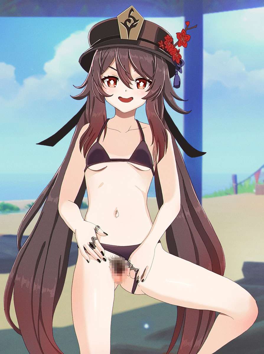 :d aruman beach bikini bikini_aside blue_sky breasts brown_bikini brown_hair censored clothing_aside cloud cloudy_sky collarbone cowboy_shot female female_pubic_hair flower flower-shaped_pupils genshin_impact grin hat hat_flower highres horizon hu_tao_(genshin_impact) jewelry long_hair looking_at_viewer mosaic_censoring mountain navel ocean open_mouth outdoors parasol plum_blossoms porkpie_hat pubic_hair pussy red_eyes ring sky small_breasts smile solo standing standing_on_one_leg straight-on swimsuit symbol-shaped_pupils table thighs twintails umbrella v-shaped_eyebrows