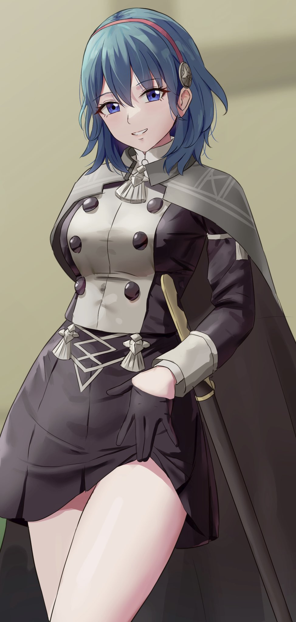 1girls alternate_costume amayo_thranana bare_thighs blue_eyes breasts byleth_(fire_emblem) byleth_(fire_emblem)_(female) cape clothes_lift female female_only fire_emblem fire_emblem:_three_houses garreg_mach_monastery_uniform gloves hairband large_breasts lifted_by_self lifting_skirt looking_at_viewer medium_hair nintendo seductive seductive_smile skirt skirt_lift solo sword teal_hair teasing thighs thrananaart weapon