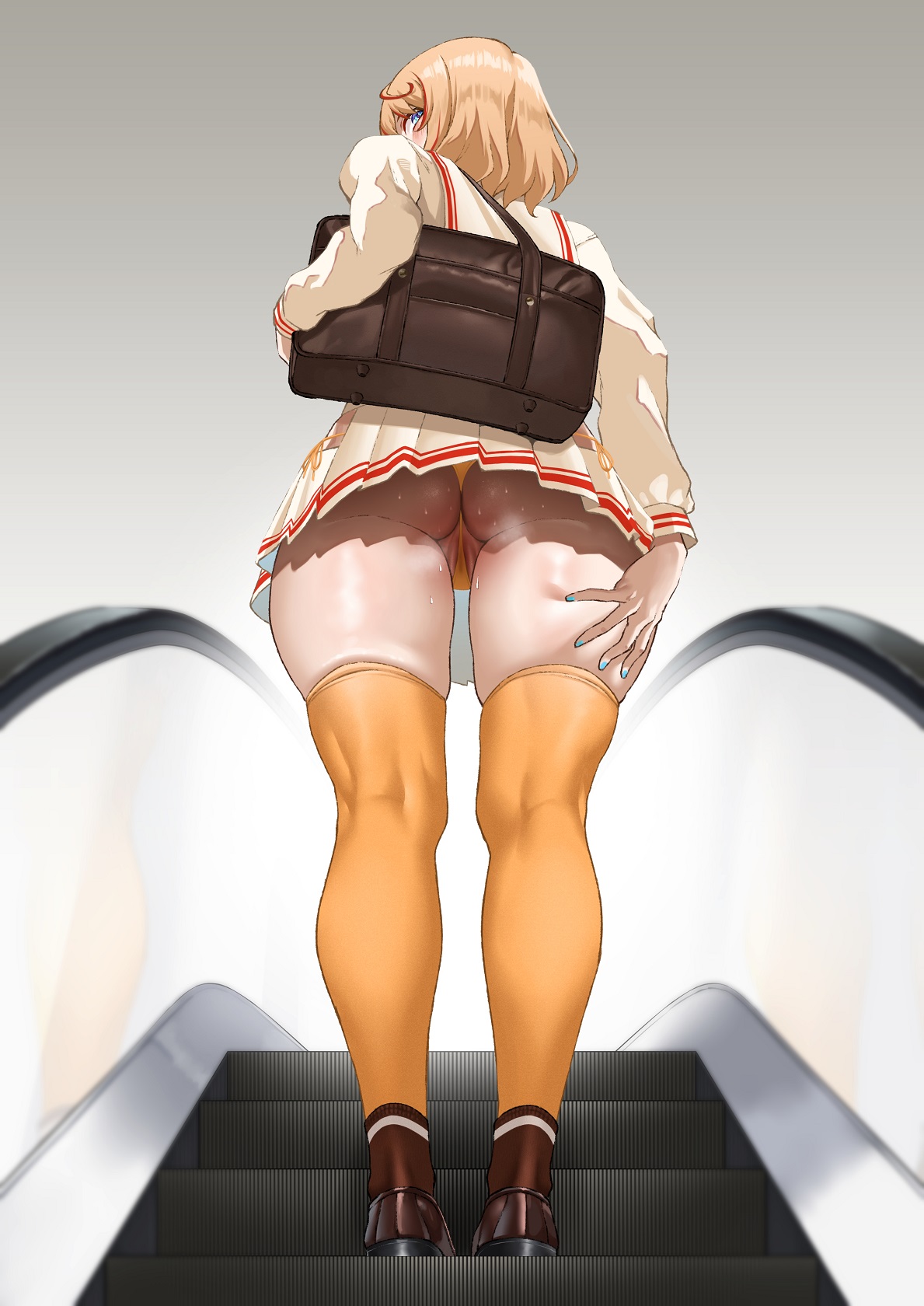 1girls, aqua nails, asakura kukuri, ass, bag, blonde hair, blue eyes, cameltoe, eye contact, female, fully clothed, grabbing own ass, kukuri-chan (asakura kukuri), legwear, looking at viewer, looking back, looking down, low-angle view, medium hair, original, panties, pussy, skirt, solo, solo female, standing, thick thighs, thighhighs, thighs