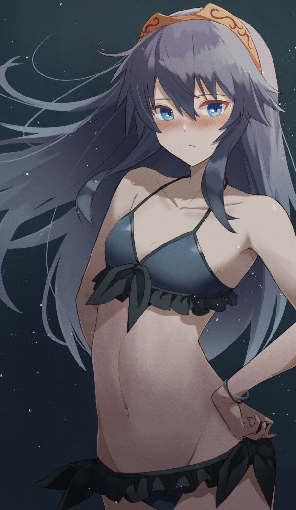 :<, 1girls, alternate costume, bangs, bare shoulders, bikini, blue bikini, blue eyes, blue hair, blush, bracelet, breasts, cowboy shot, female, female only, fire emblem, fire emblem awakening, hair between eyes, hand on hip, jewelry, long hair, looking at viewer, lucina (fire emblem), nakami cheese, navel, nintendo, small breasts, solo, swimsuit, tiara