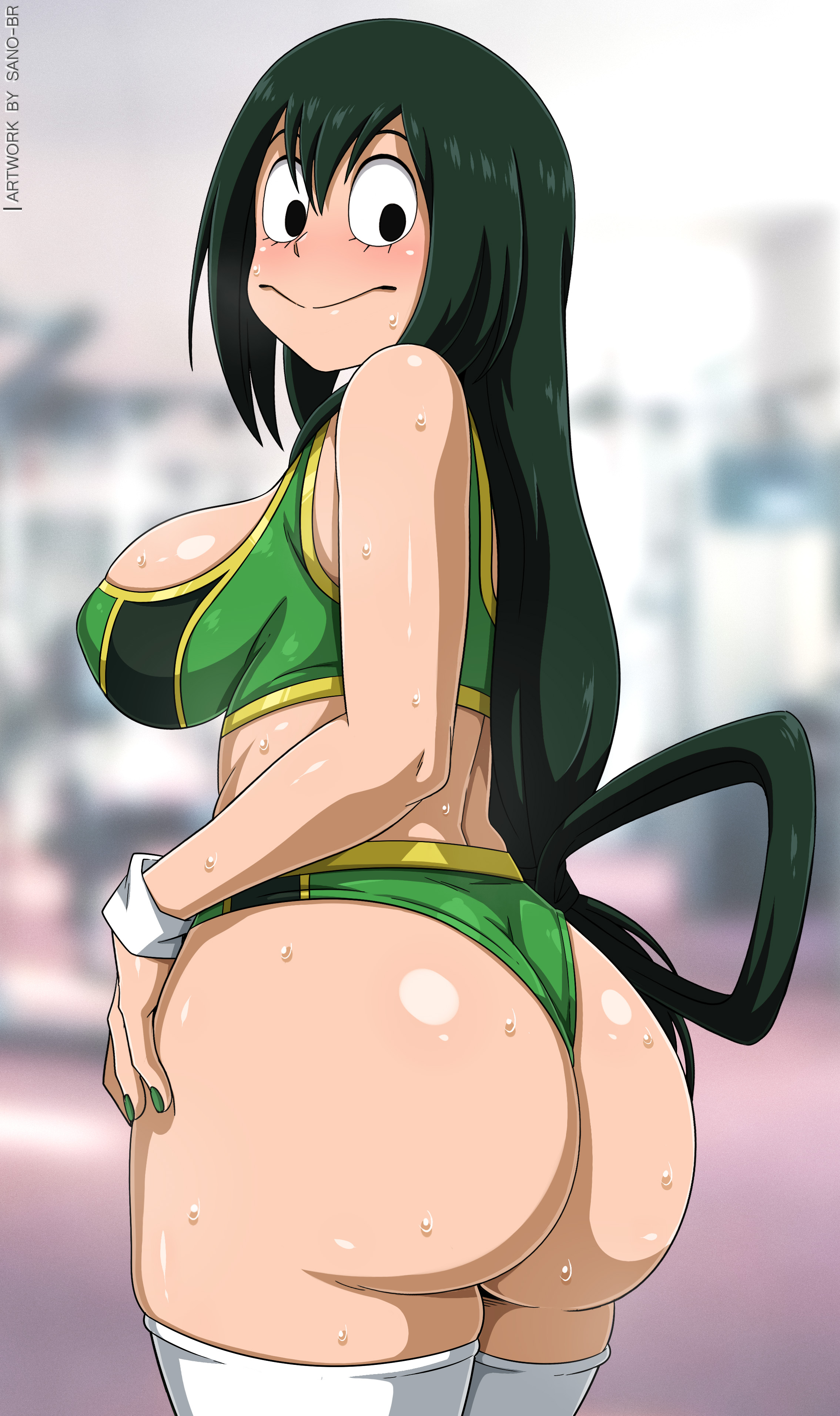 1girls, ass, big ass, big breasts, blush, breasts, bubble ass, bubble butt, curvaceous, curvy, fat ass, female, female focus, female only, green hair, green-haired female, huge ass, large breasts, long hair, looking at viewer, looking back, my hero academia, nail polish, painted nails, plump, sano-br, sweat, thick, thick thighs, tsuyu asui, very long hair, workout clothes