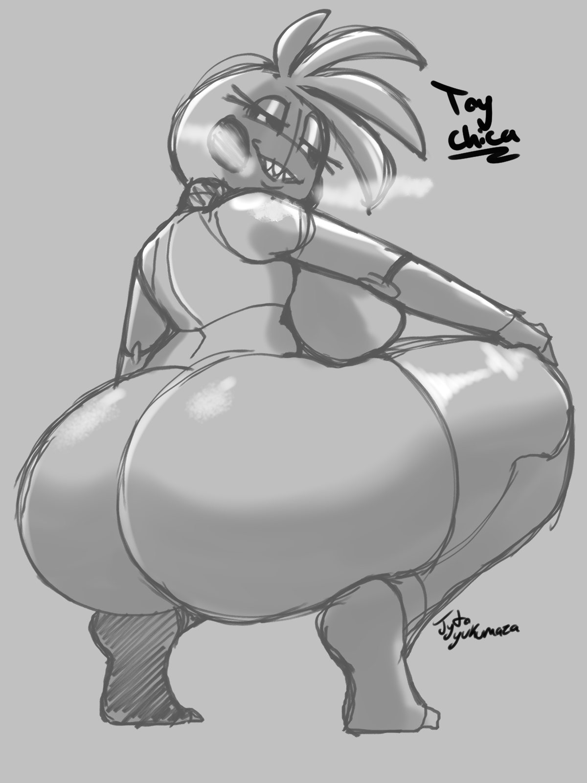1girls, ass, big ass, big breasts, black sclera, blush stickers, breasts, crouching, feet, female, five nights at freddy's, five nights at freddy's 2, furry, huge ass, huge breasts, jyto, looking back, monochrome, nude, solo, solo female, steam, tagme, thick thighs, toy chica (fnaf), turned head